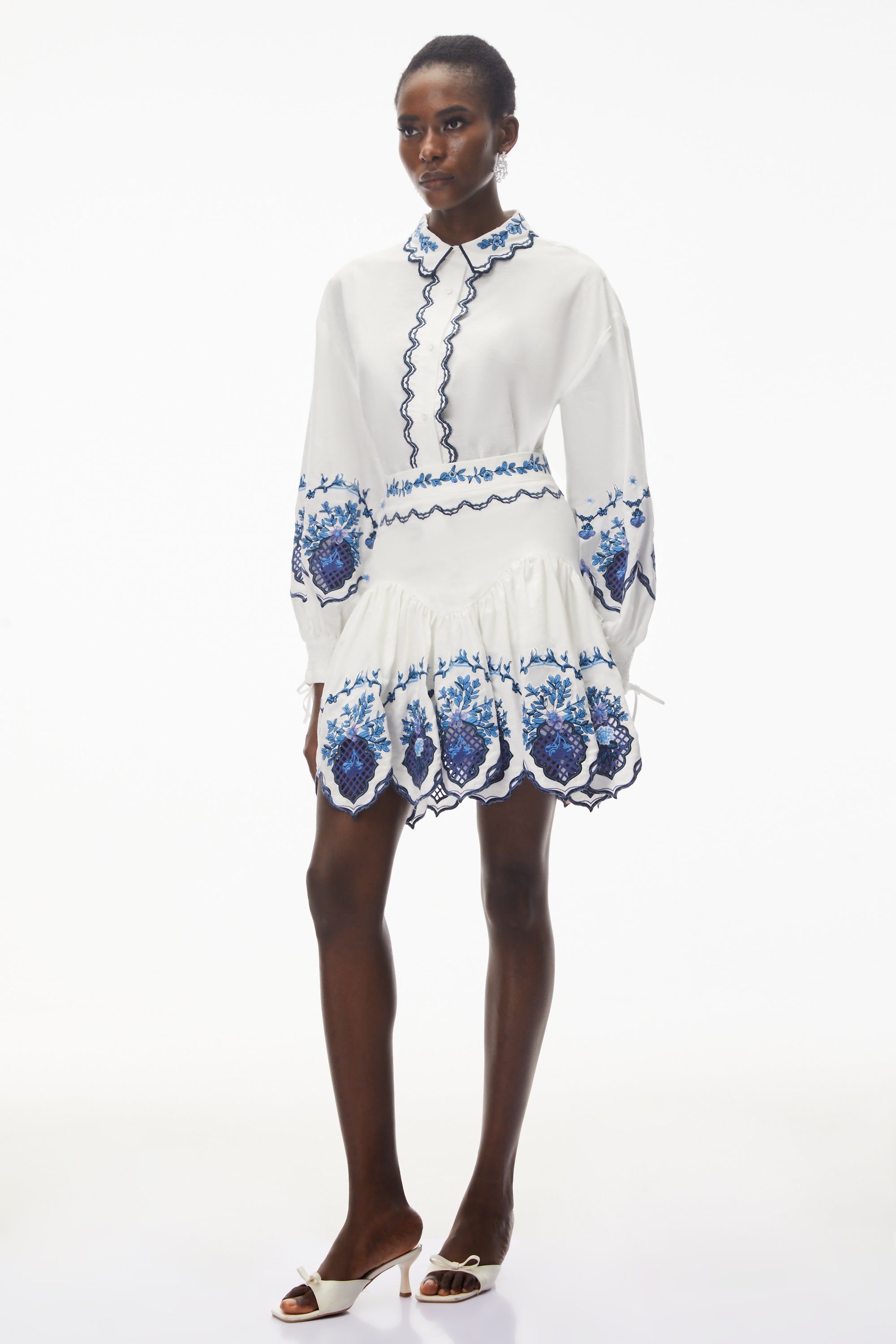 Vivienne White Embroidered Blouse & Skirt Set with Cut-Outs