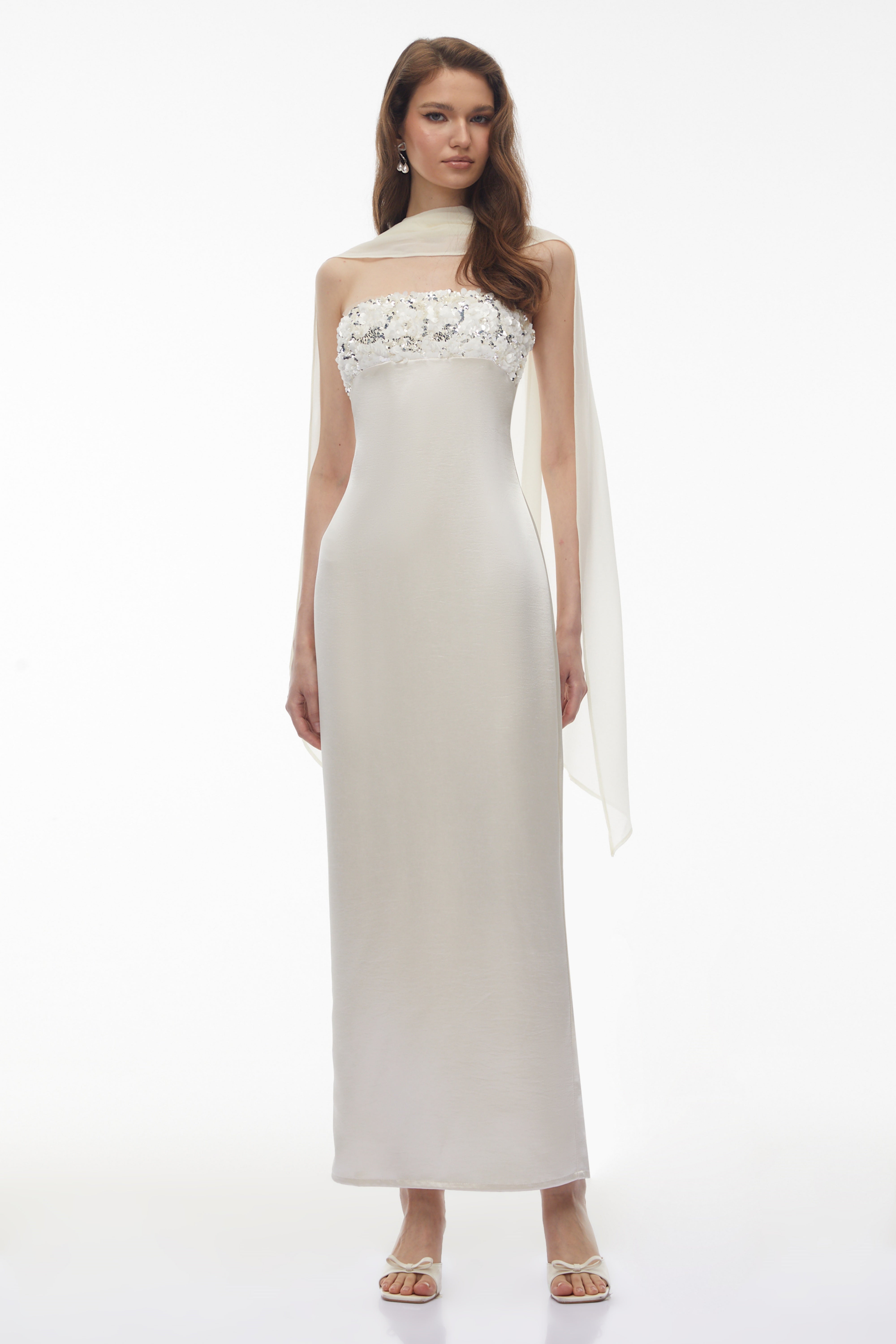 Vivienne White Off Shoulder Sequin Maxi Dress