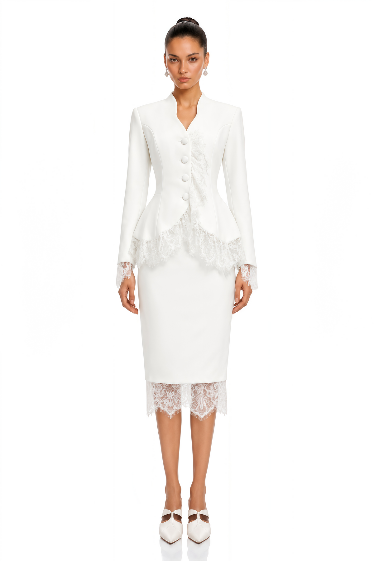 viyana white v-neck lace trim blazer & midi skirt set