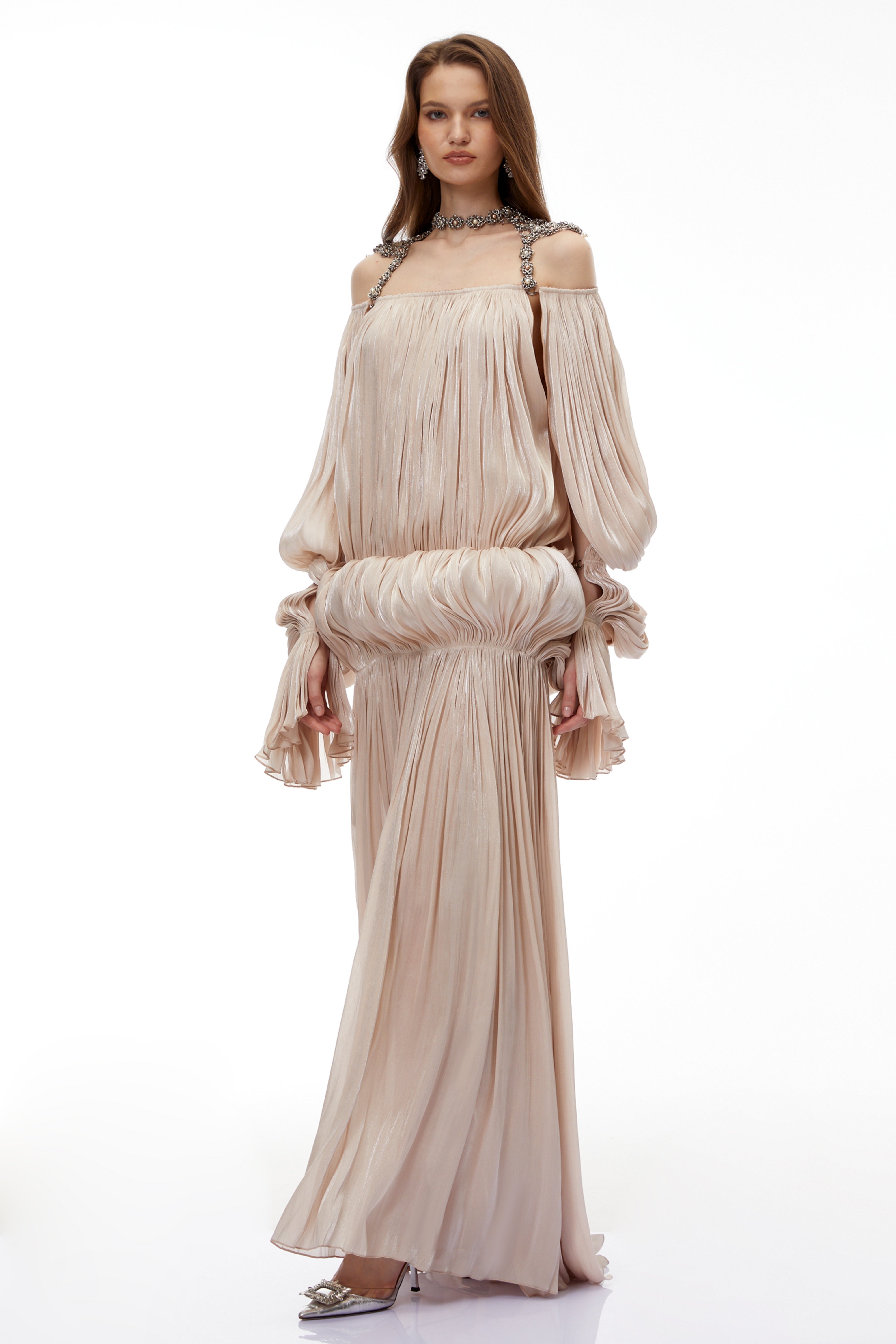 Vlasta Khaki Ruched Bubble Maxi Dress with Chain