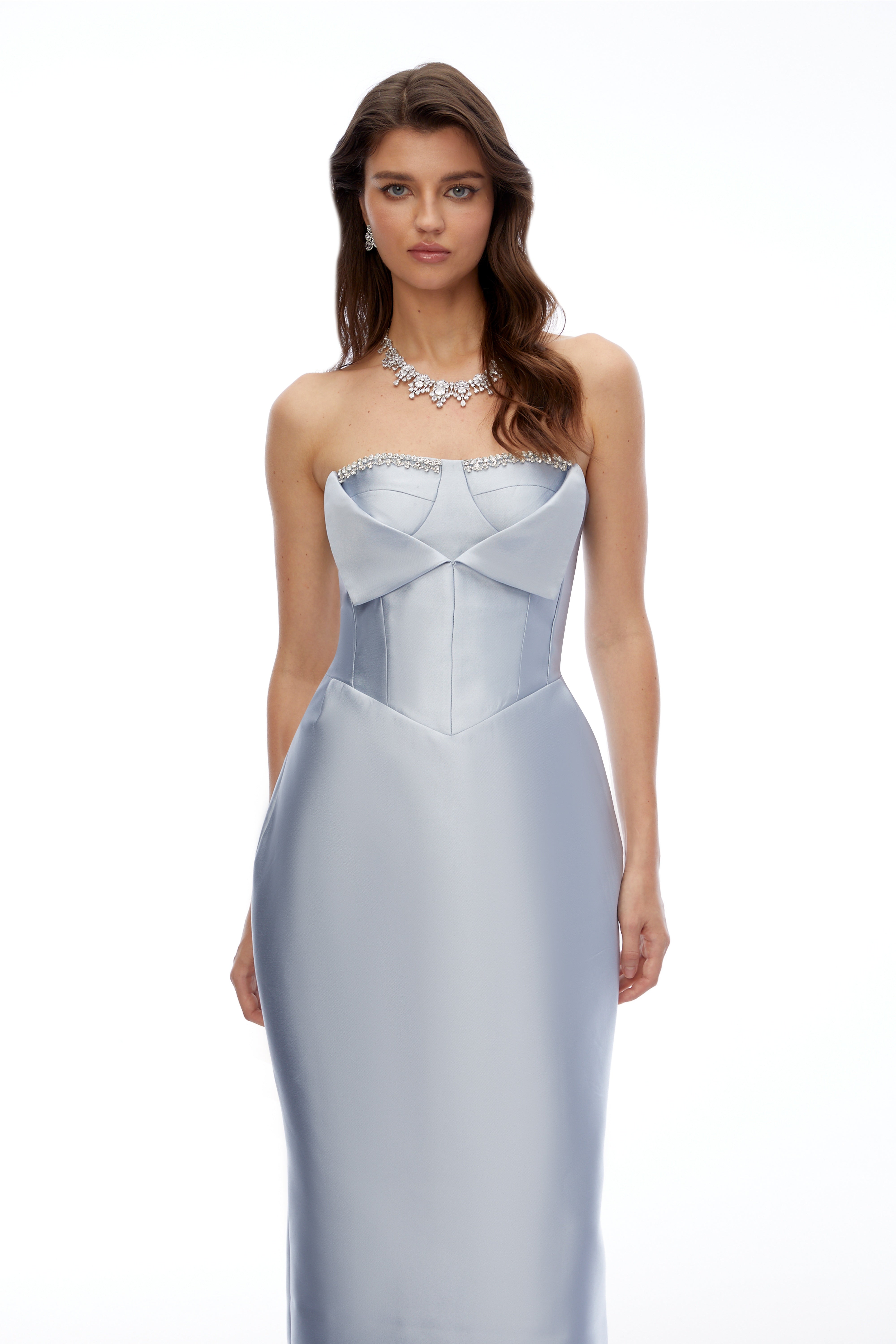 Waverly Blue Off Shoulder Rhinestone Midi Dress