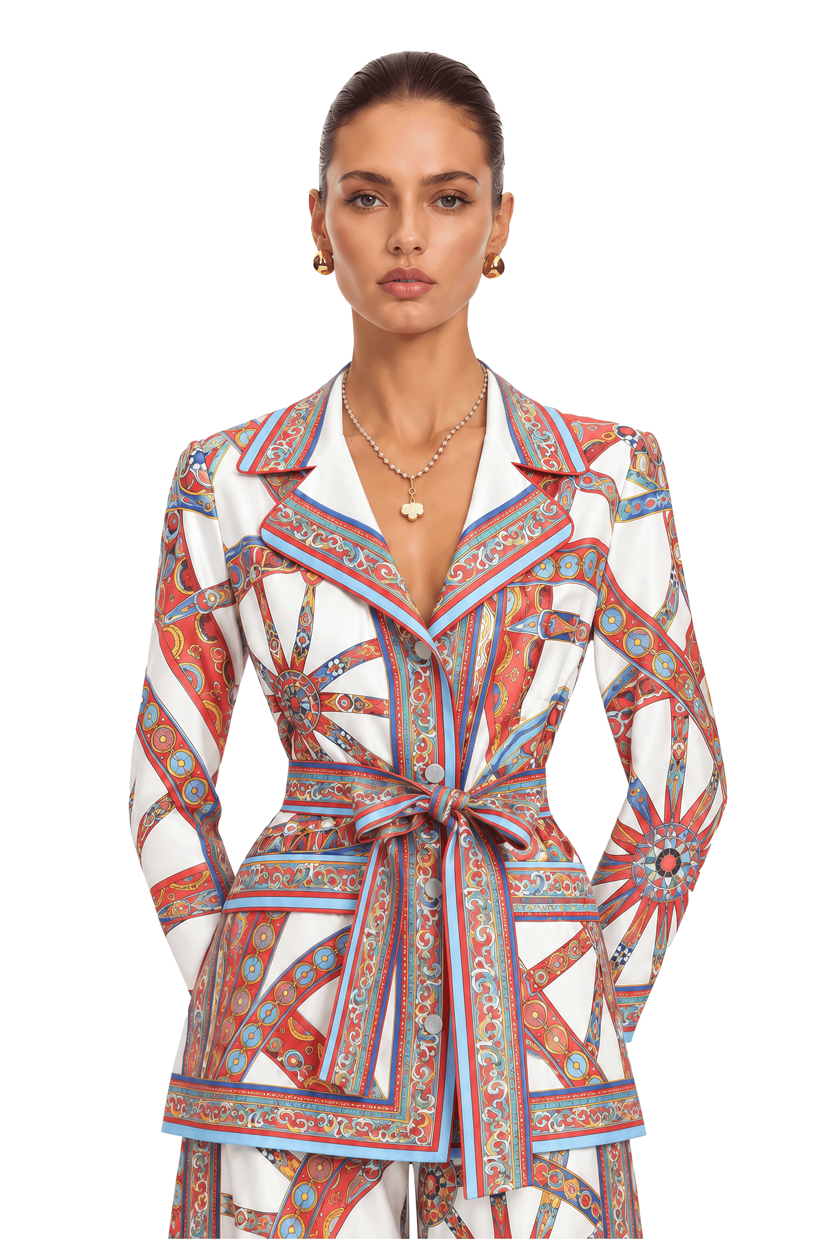 whinnie red printed blouse & wide leg trousers set