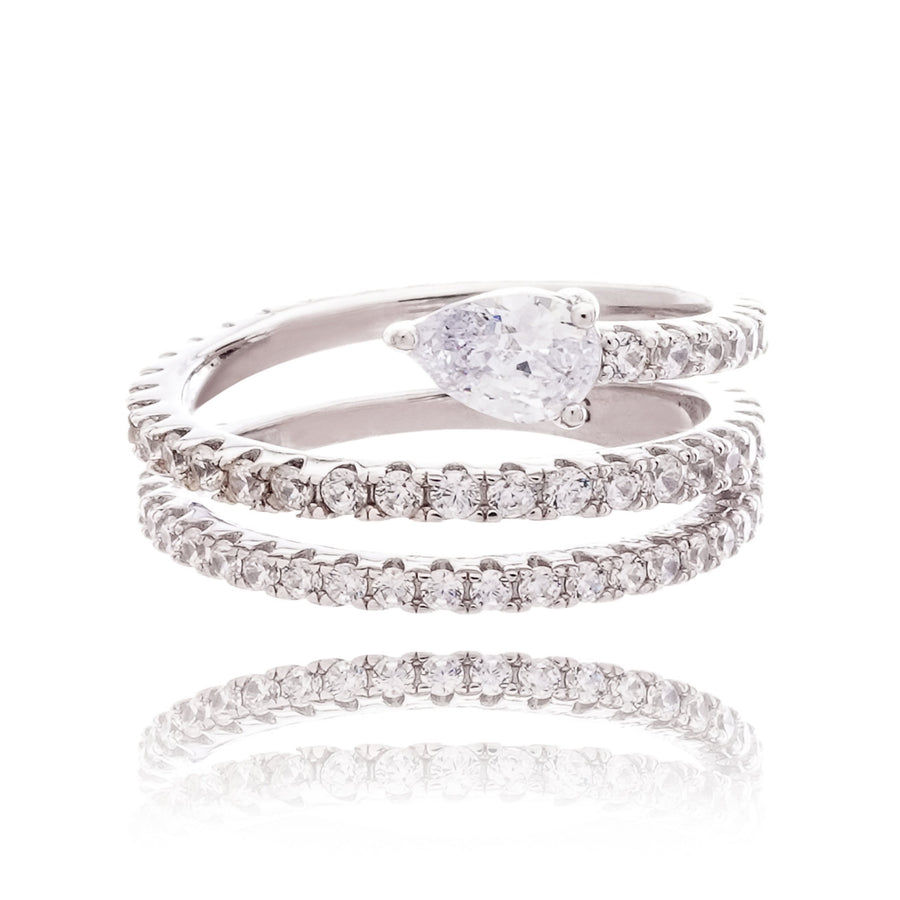 Lys White Pear Cut Gemstone Double Band Crystal Sterling Silver Ring