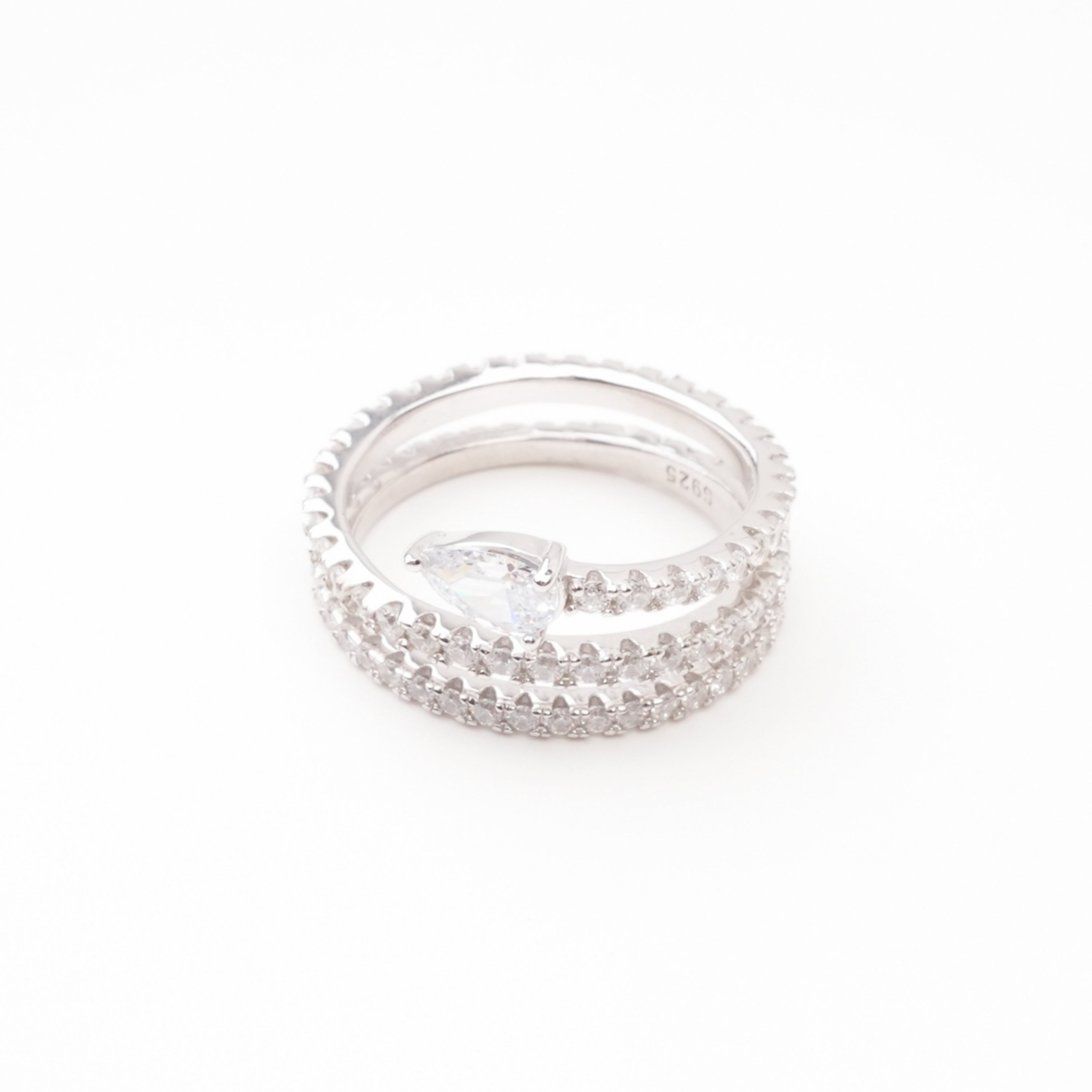 Lys White Pear Cut Gemstone Double Band Crystal Sterling Silver Ring
