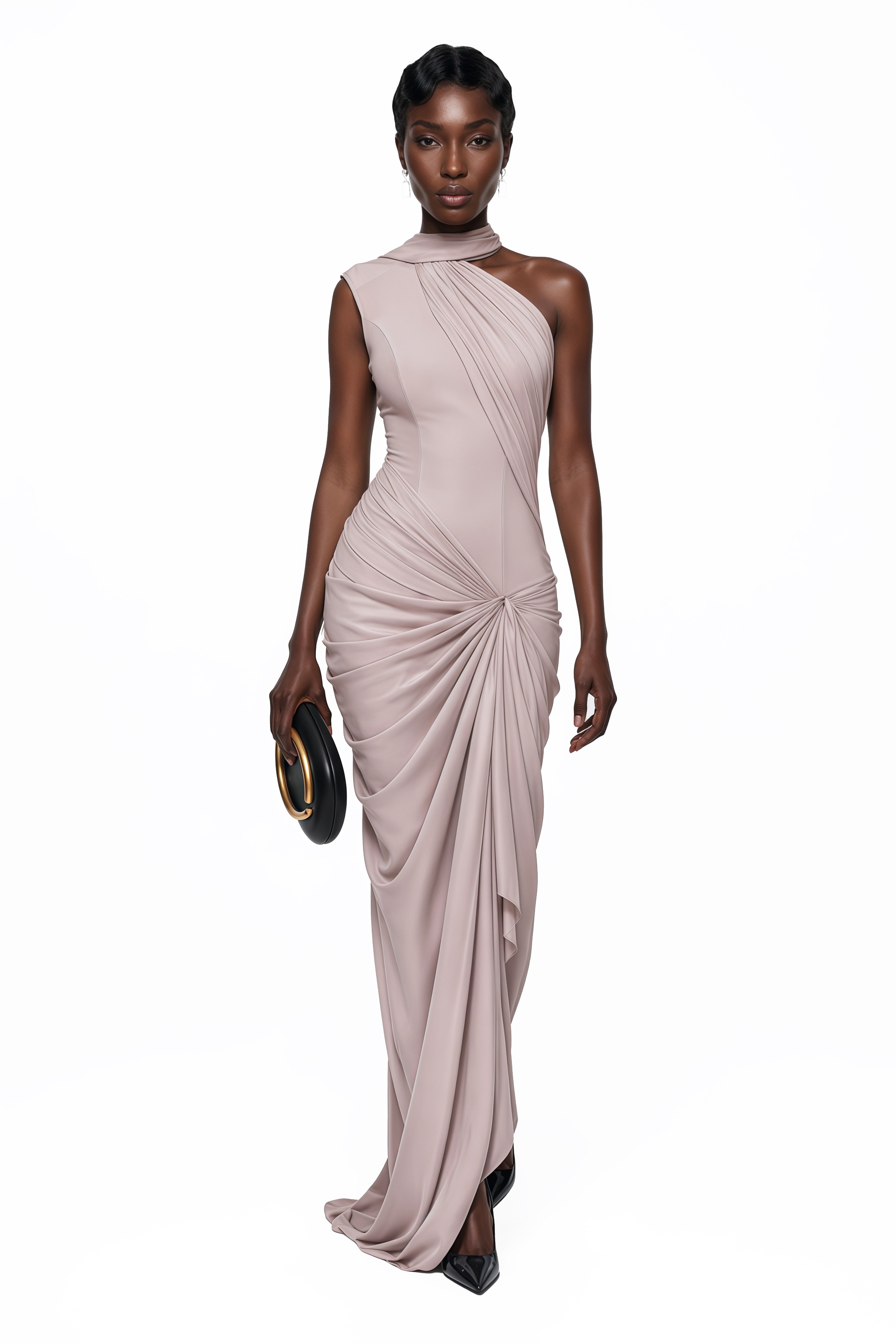 Wilhelmina Dusty Pink Asymmetrical Ruched Maxi Dress