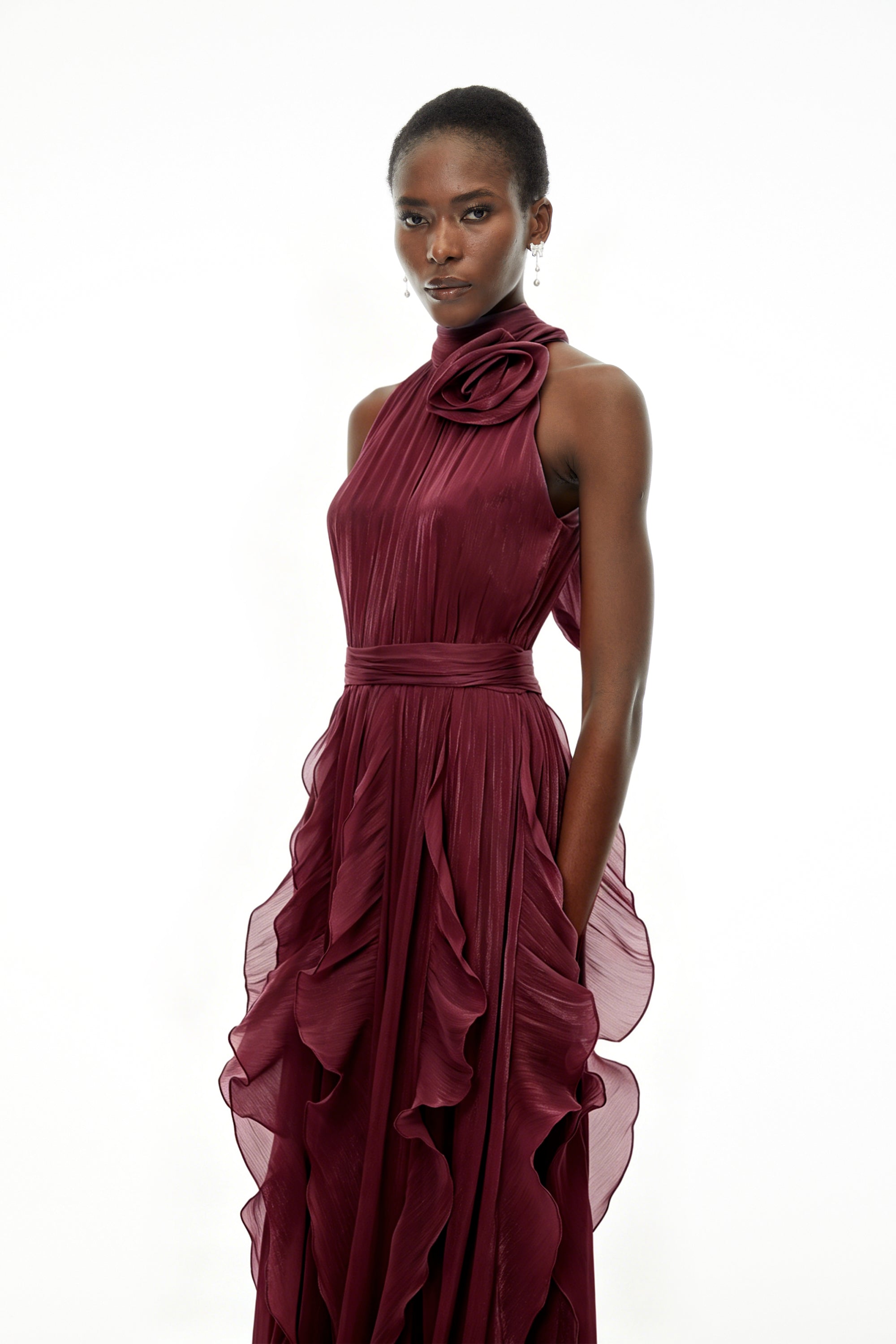 Willow Burgundy Halterneck Ruched Maxi Dress with 3D Florals