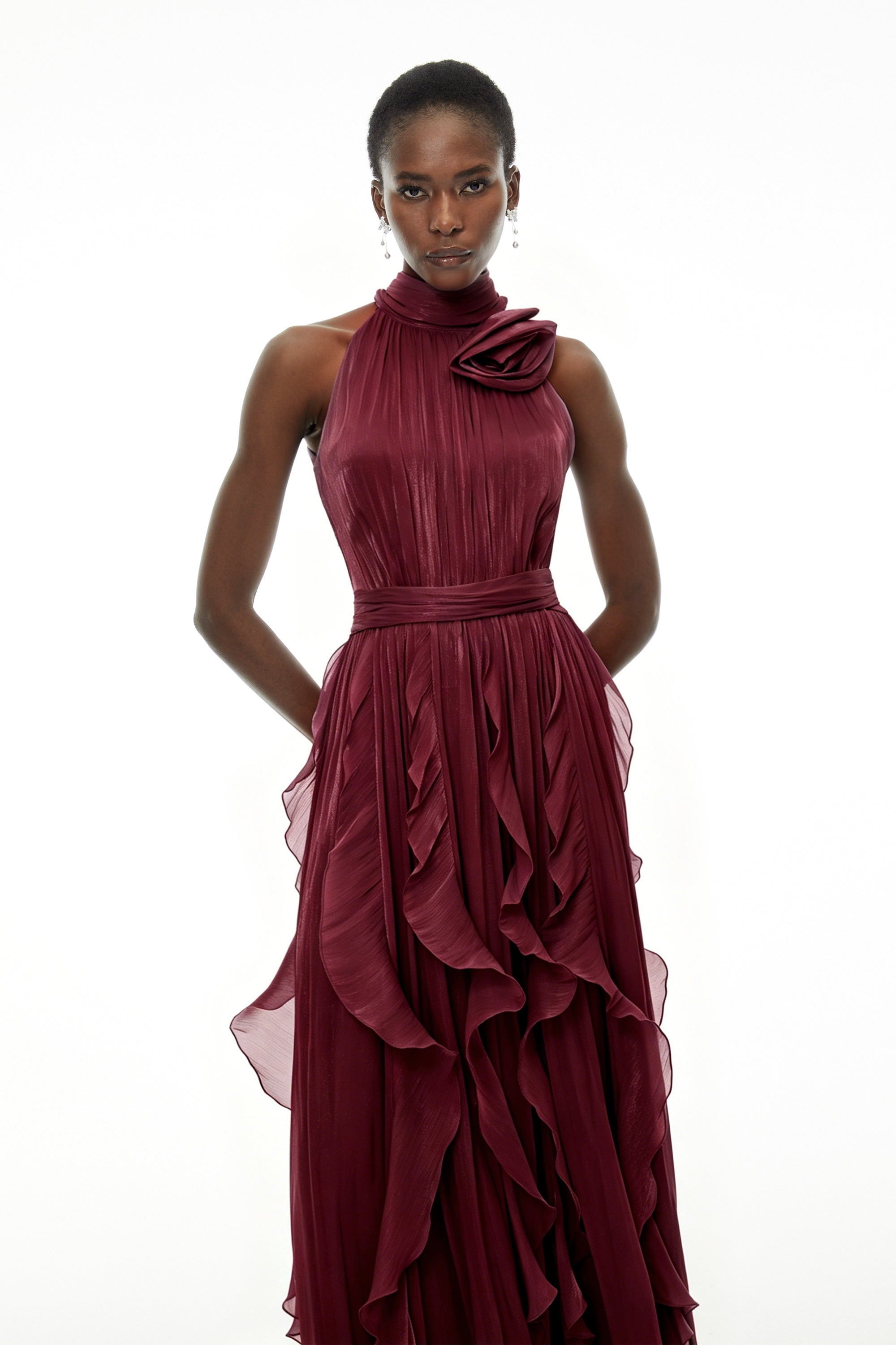 Willow Burgundy Halterneck Ruched Maxi Dress with 3D Florals