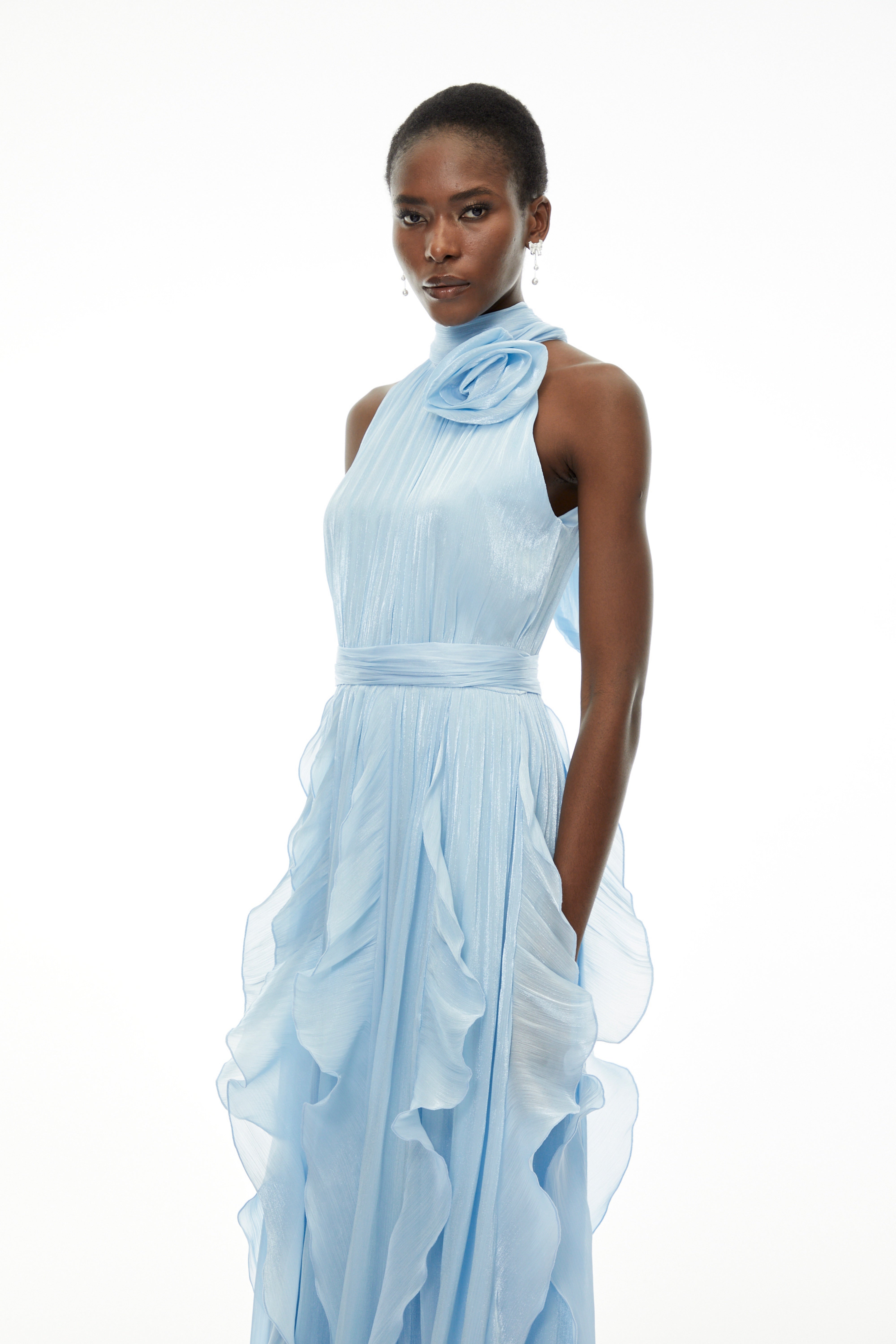 Willow Dusty Blue Halterneck Ruched Maxi Dress with 3D Florals (Final Sale)