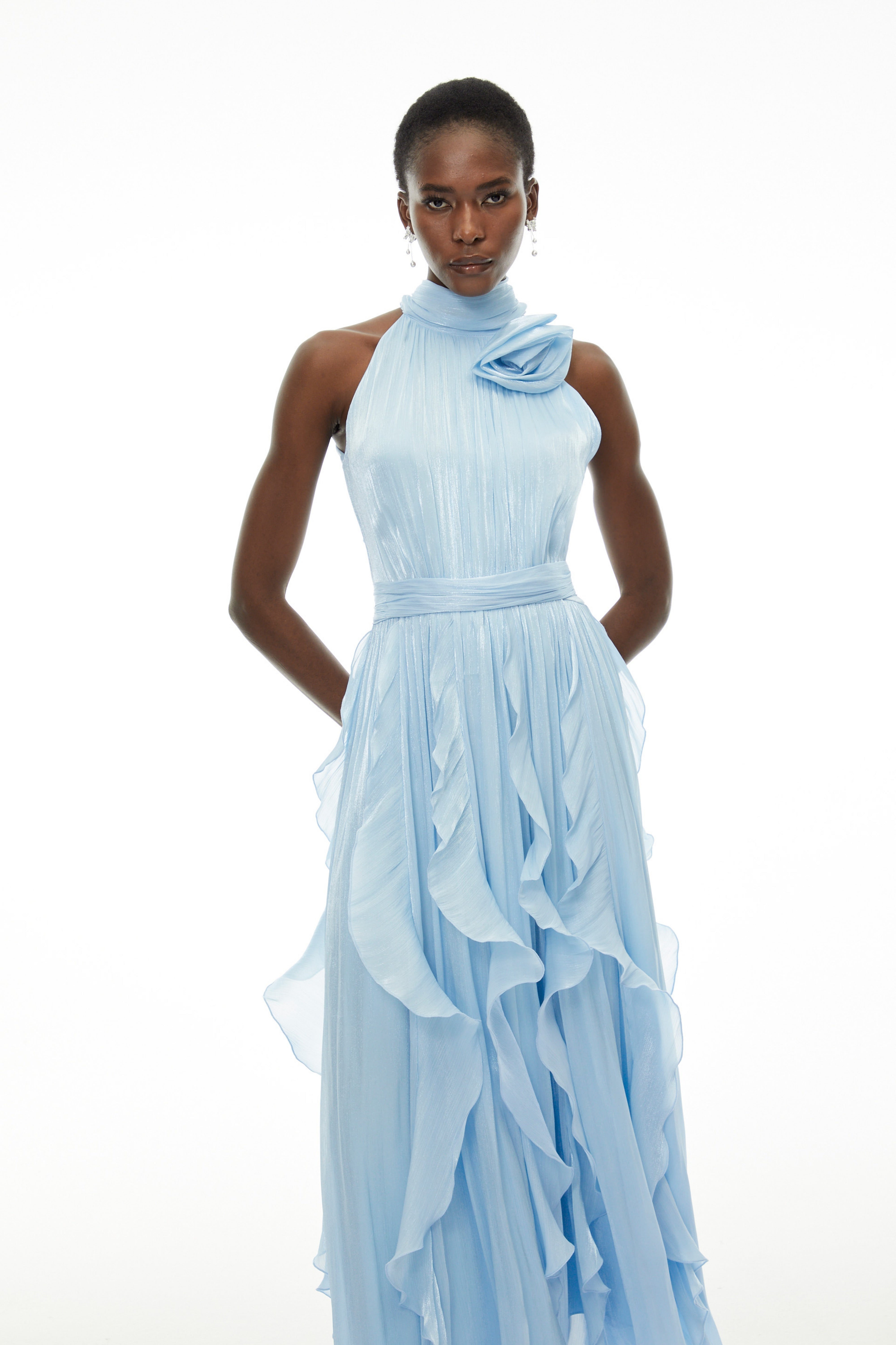 Willow Dusty Blue Halterneck Ruched Maxi Dress with 3D Florals (Final Sale)