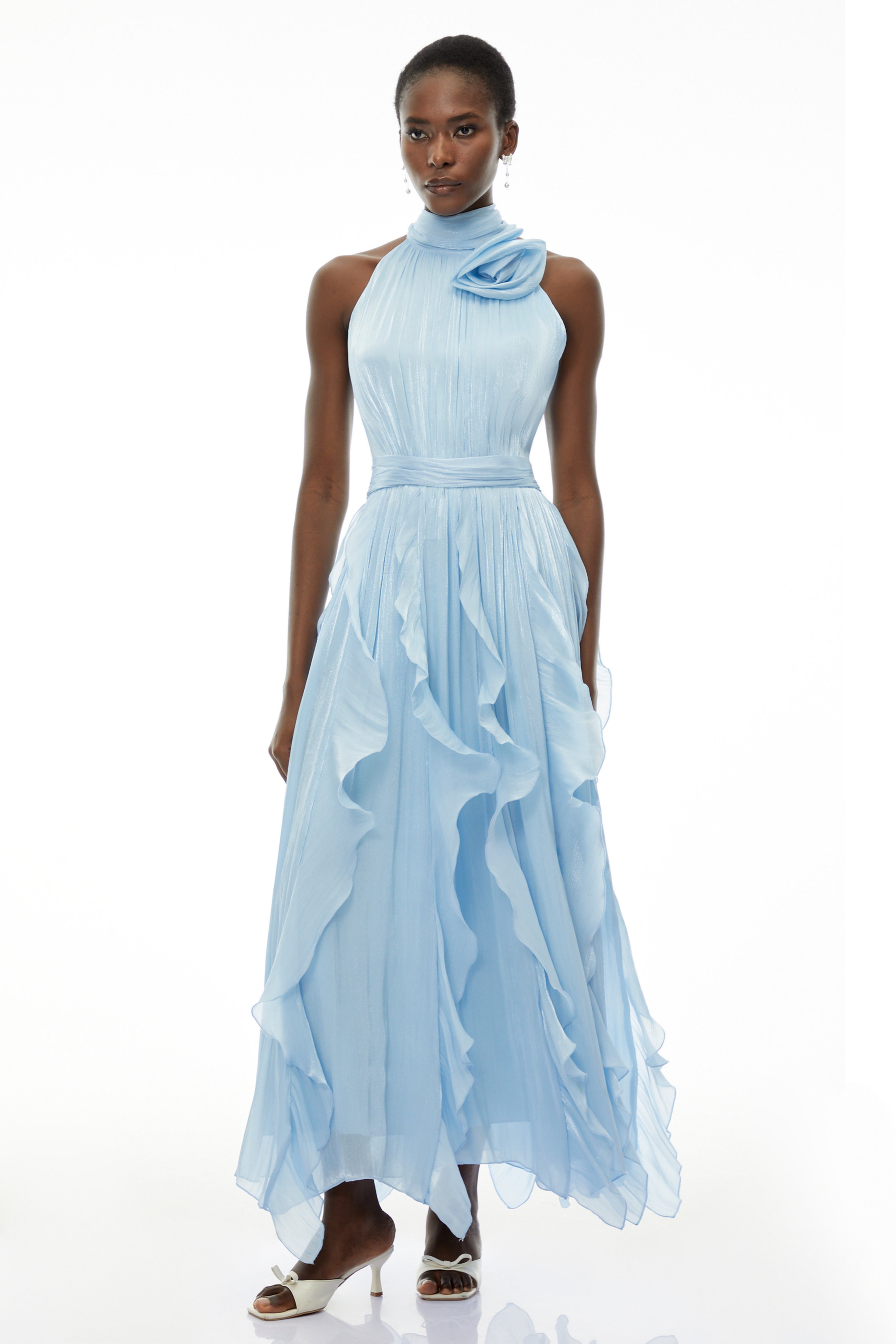 Willow Dusty Blue Halterneck Ruched Maxi Dress with 3D Florals (Final Sale)