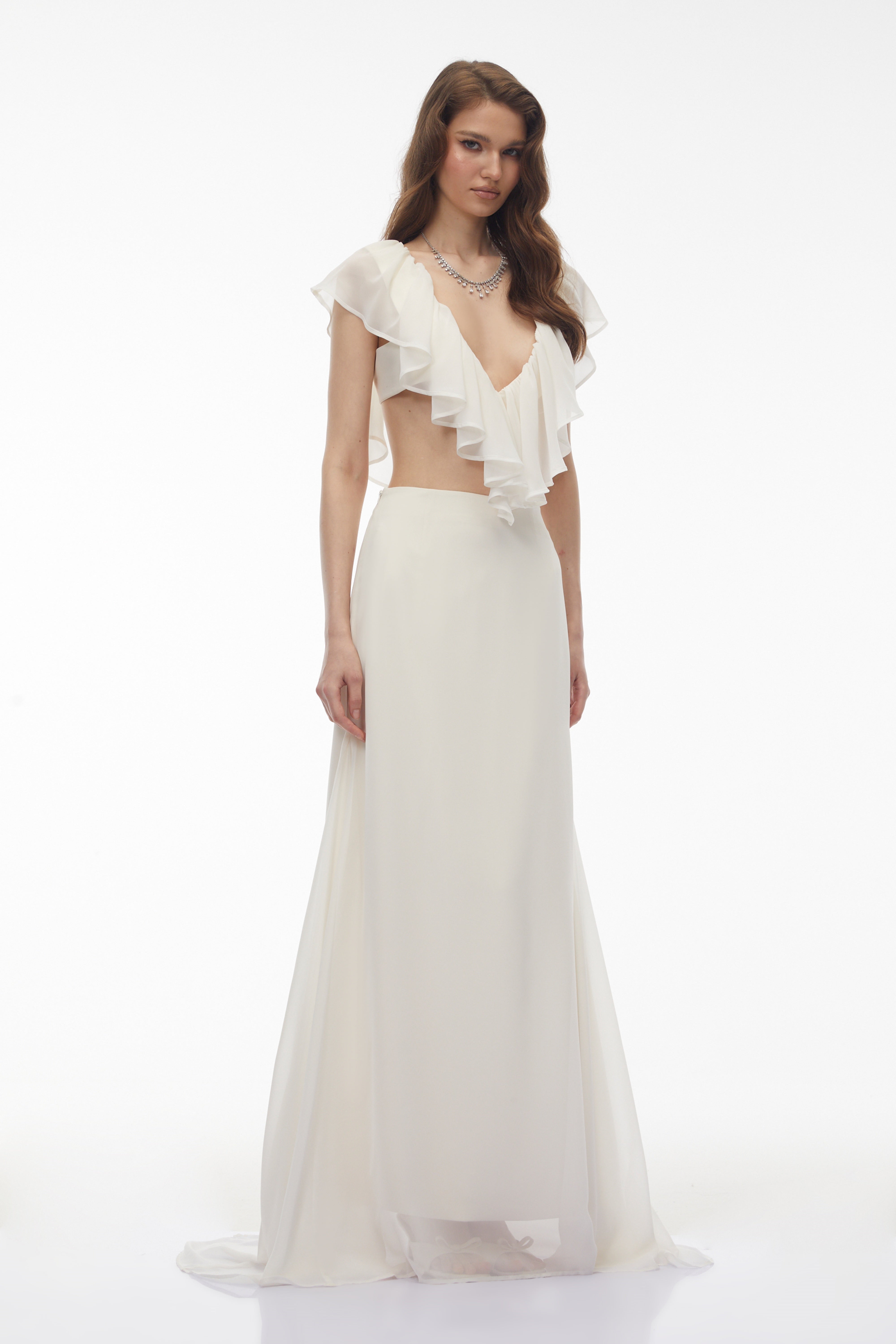 Winifred Ivory Chiffon Ruffled Top & Skirt Set