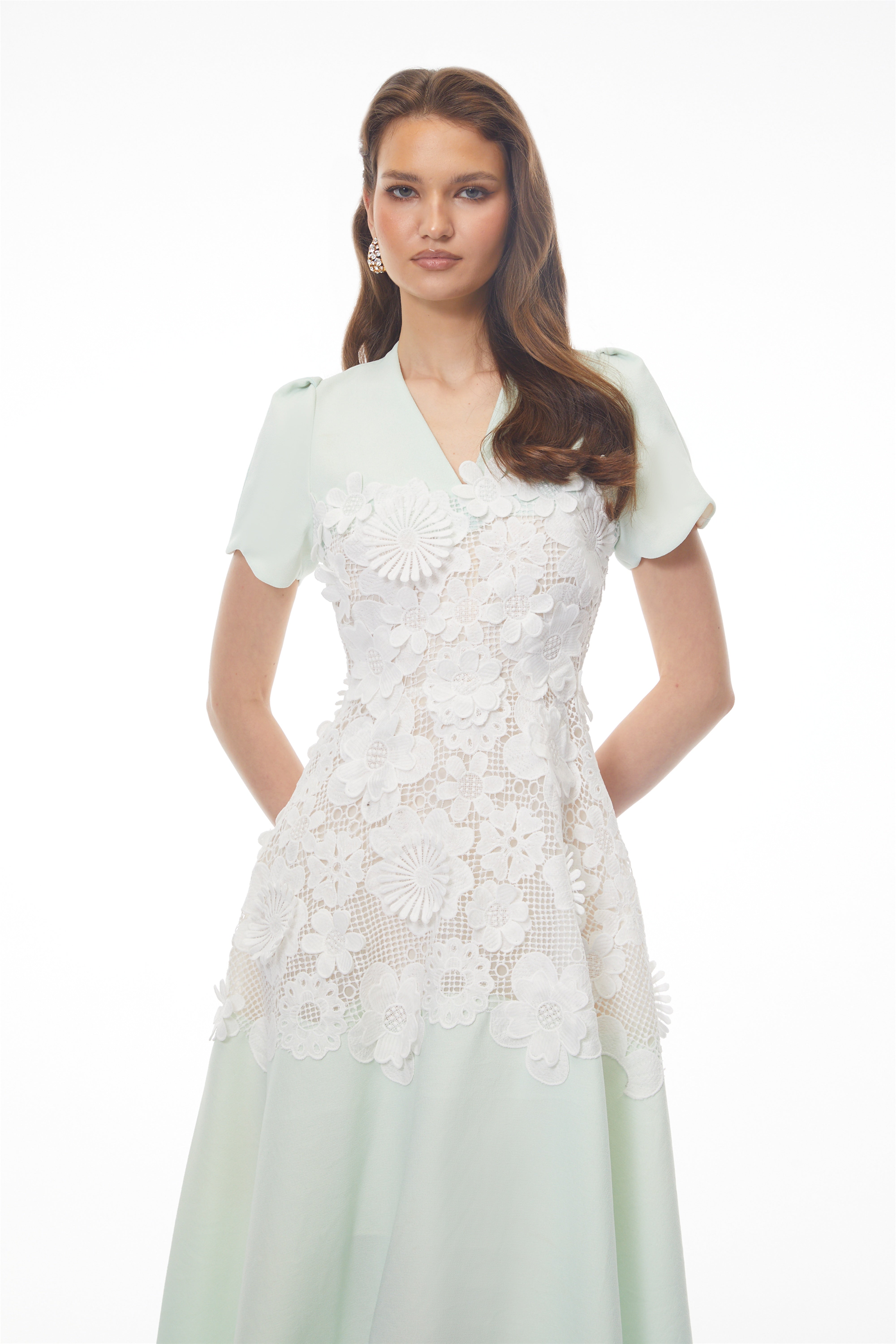 Winifred Mint Green V-Neck Midi Dress with Puff Sleeves