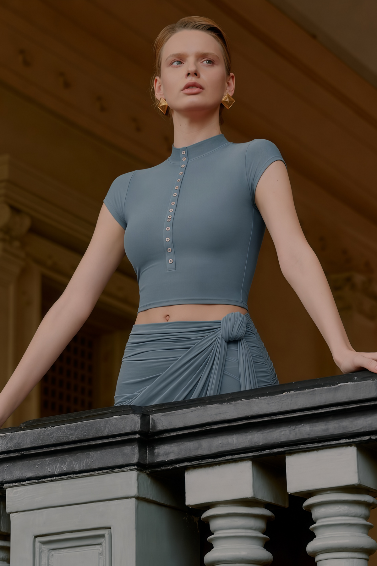 wren dusty blue crop top & wrap skirt set