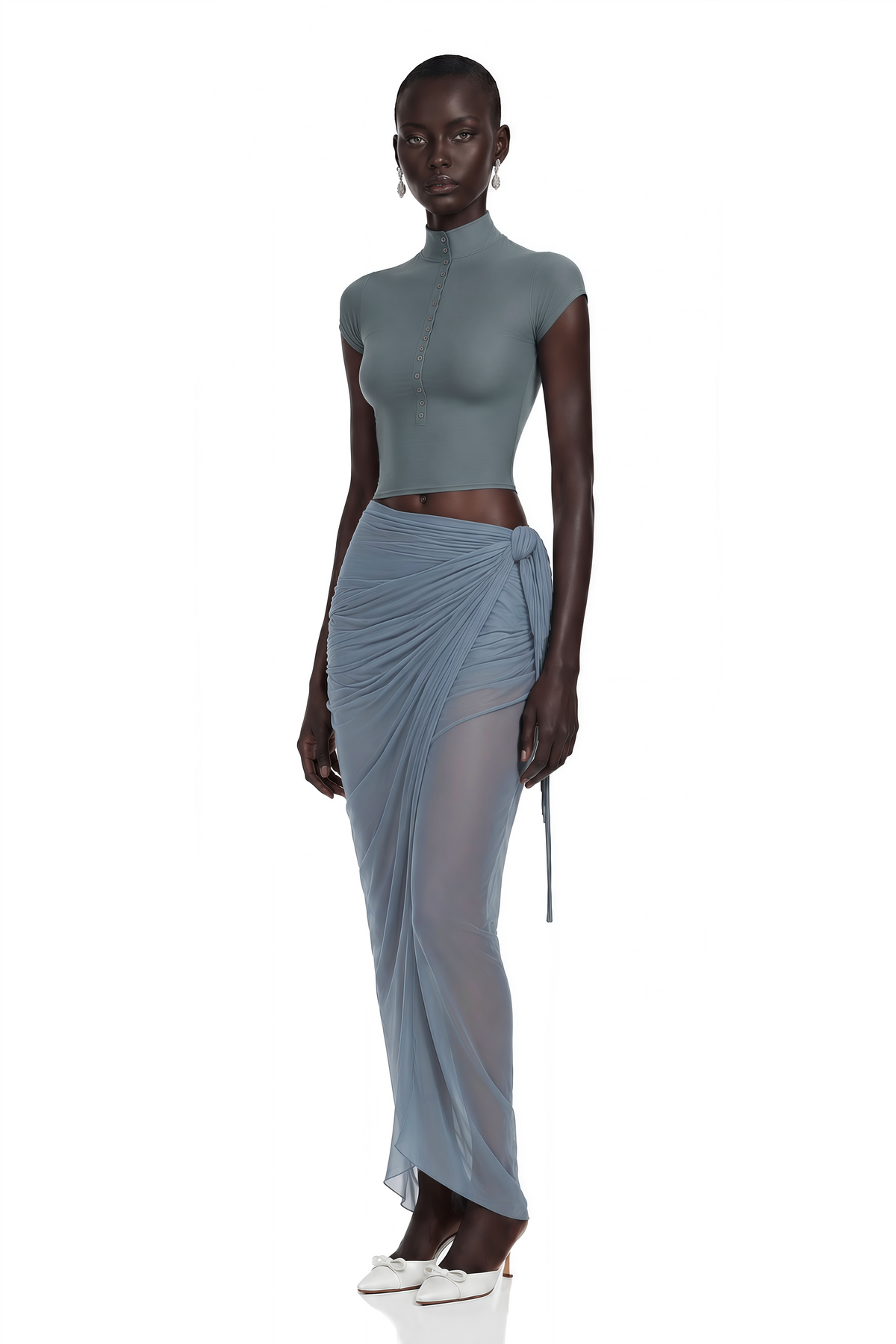wren dusty blue crop top & wrap skirt set