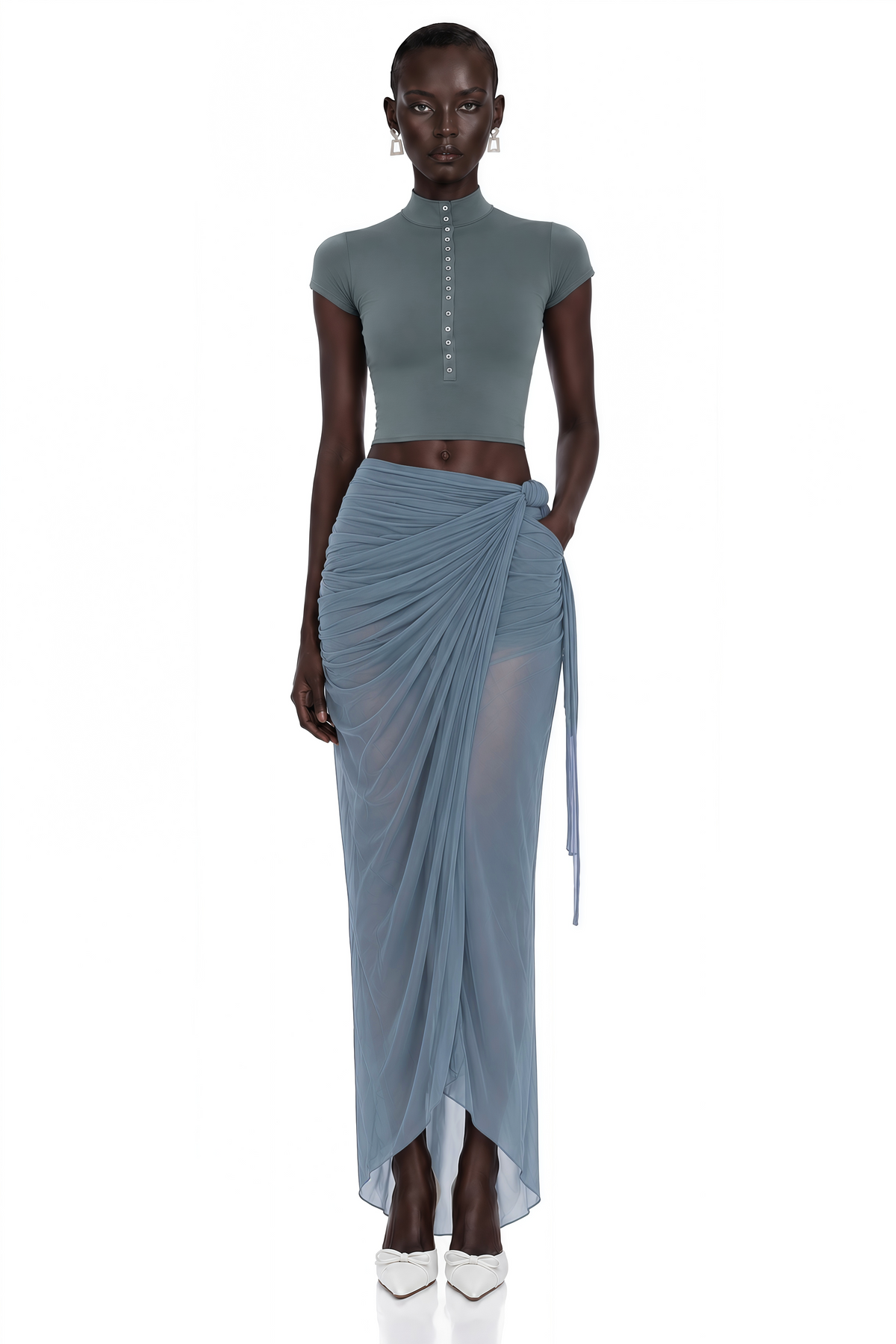 wren dusty blue crop top & wrap skirt set