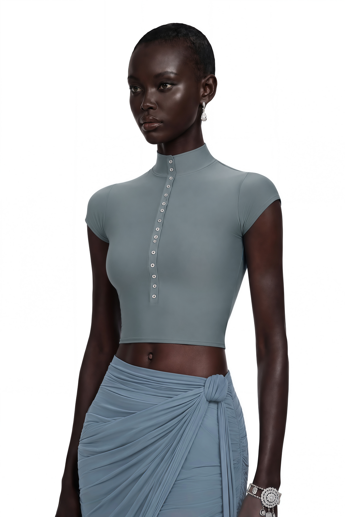 wren dusty blue crop top & wrap skirt set