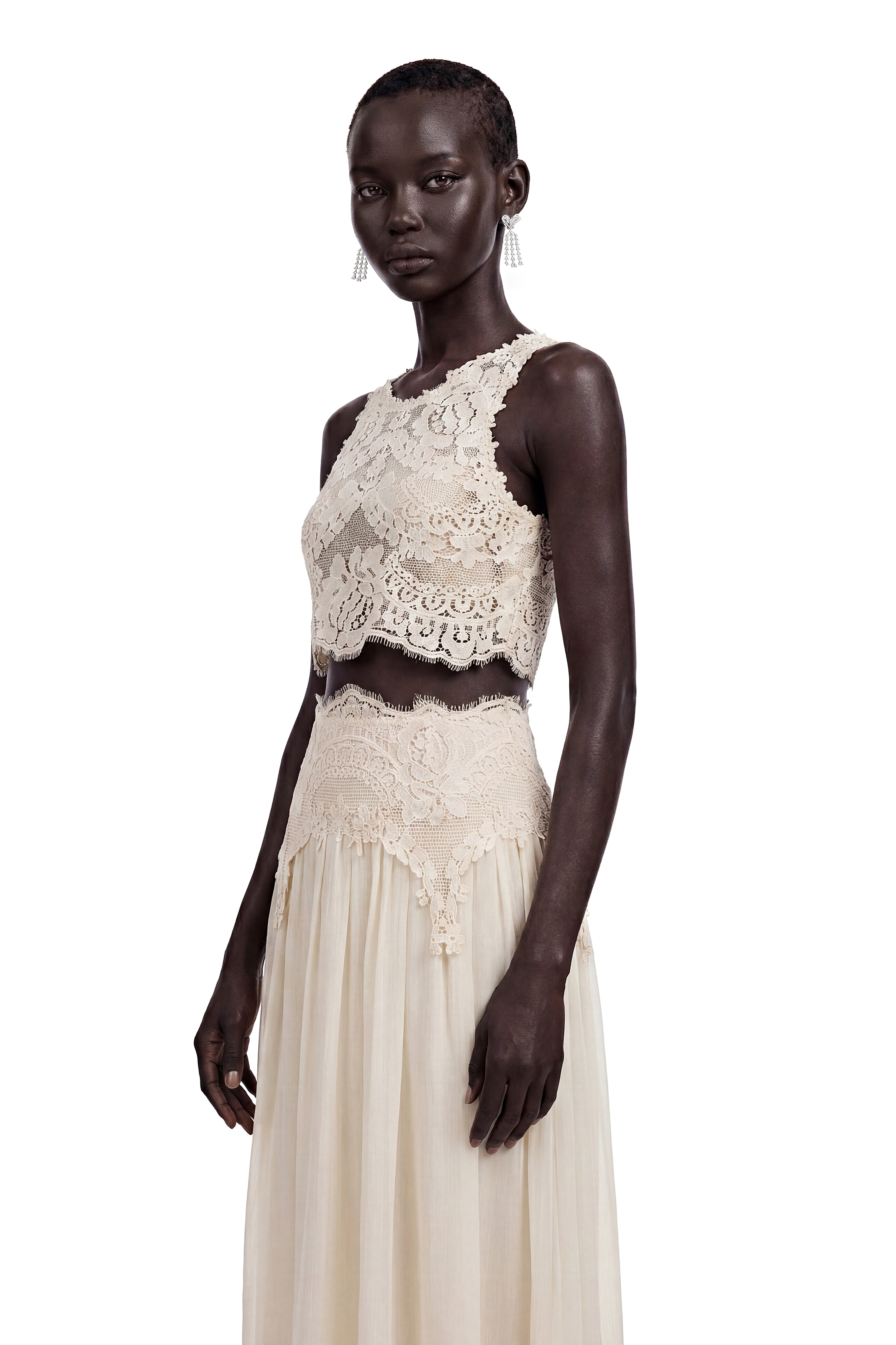 Wurdiz Cream Floral Lace Top & Chiffon Skirt Set
