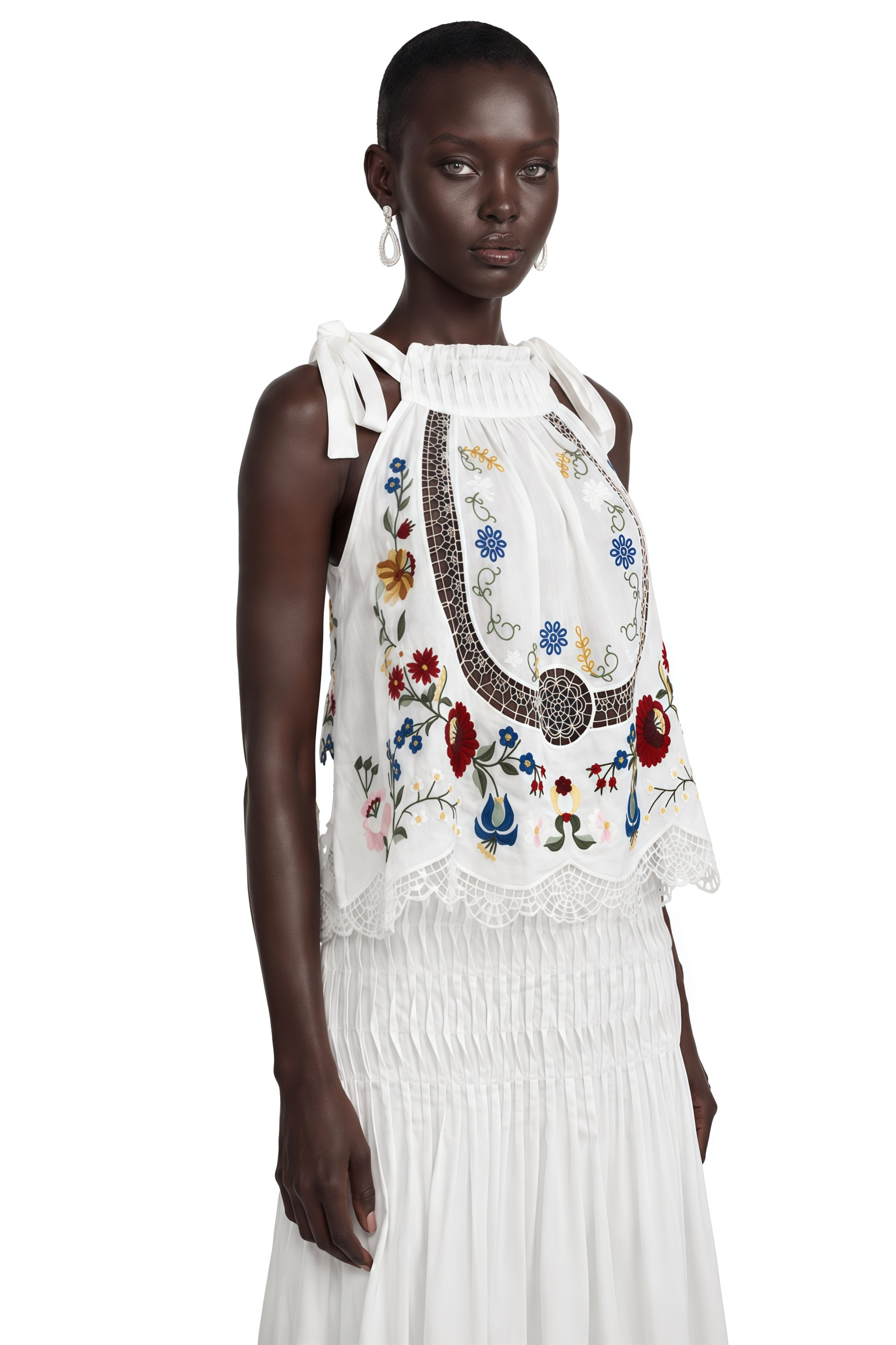 Wyna White Floral Print Top & Skirt Set with Lace Trim