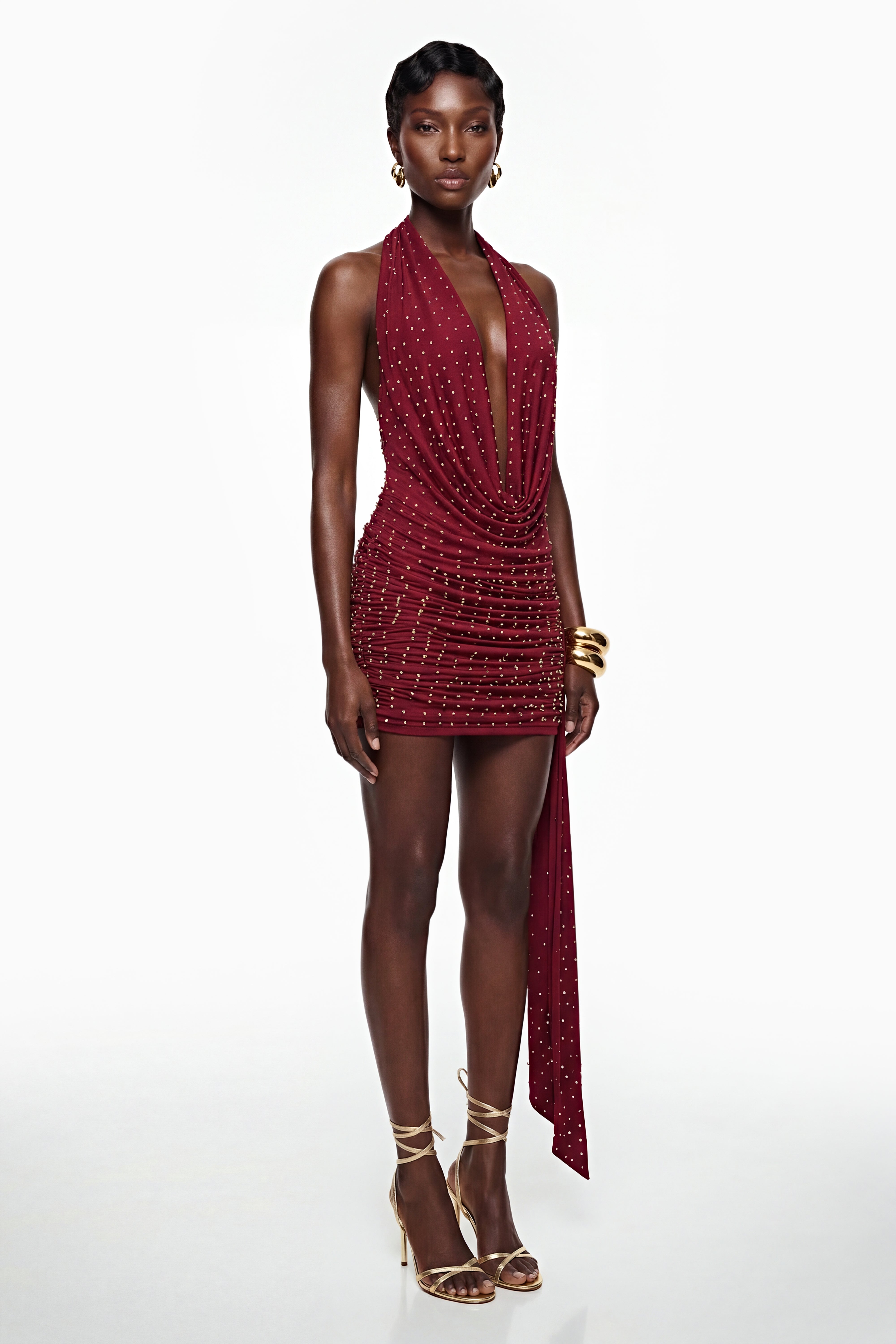 Xanthe Burgundy Beaded Mini Dress with Ribbon Detail