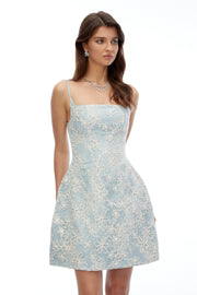 Xena Blue Square Neck Floral Embroidered Mini Dress