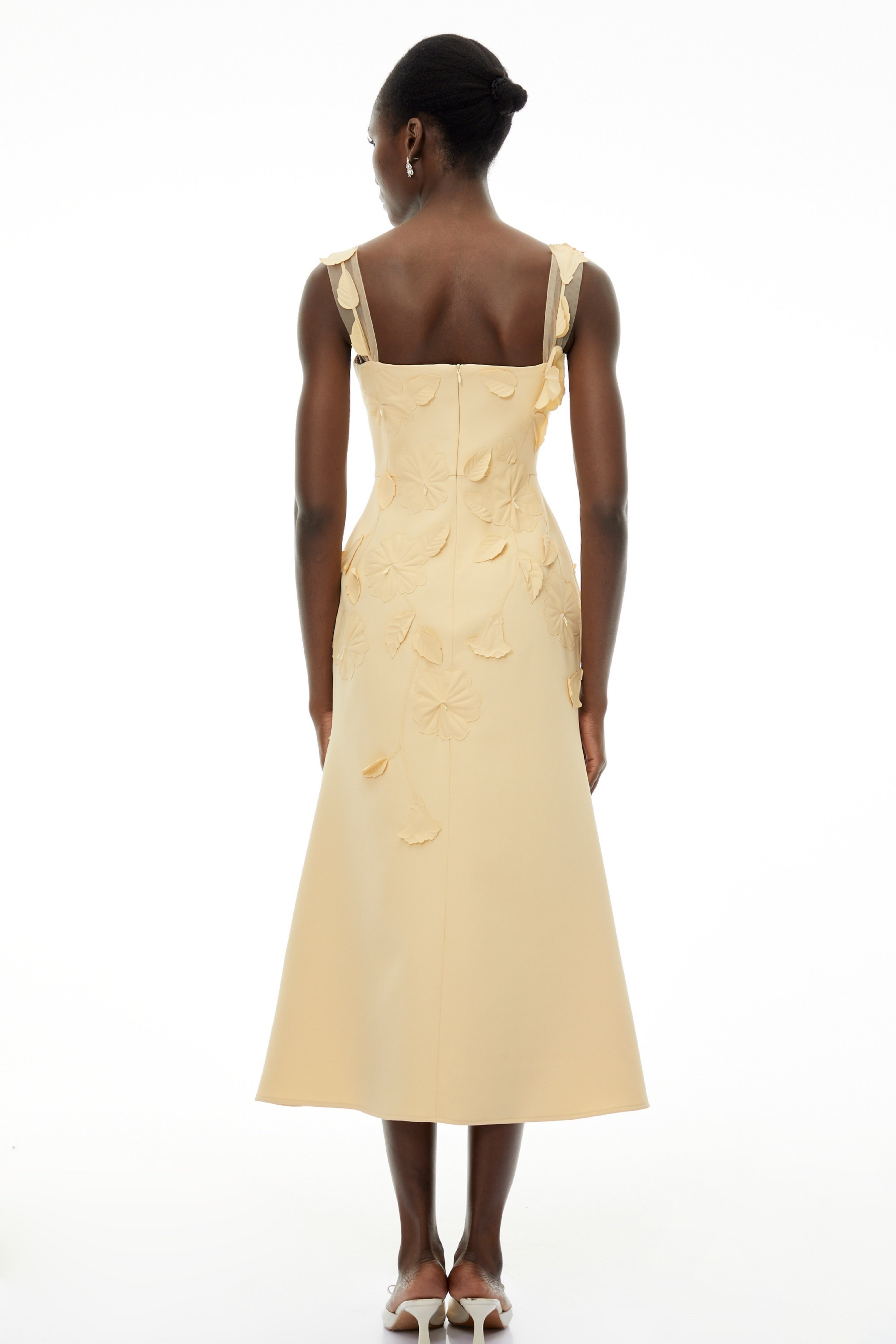 Ximena Yellow Floral Applique Fishtail Midi Dress