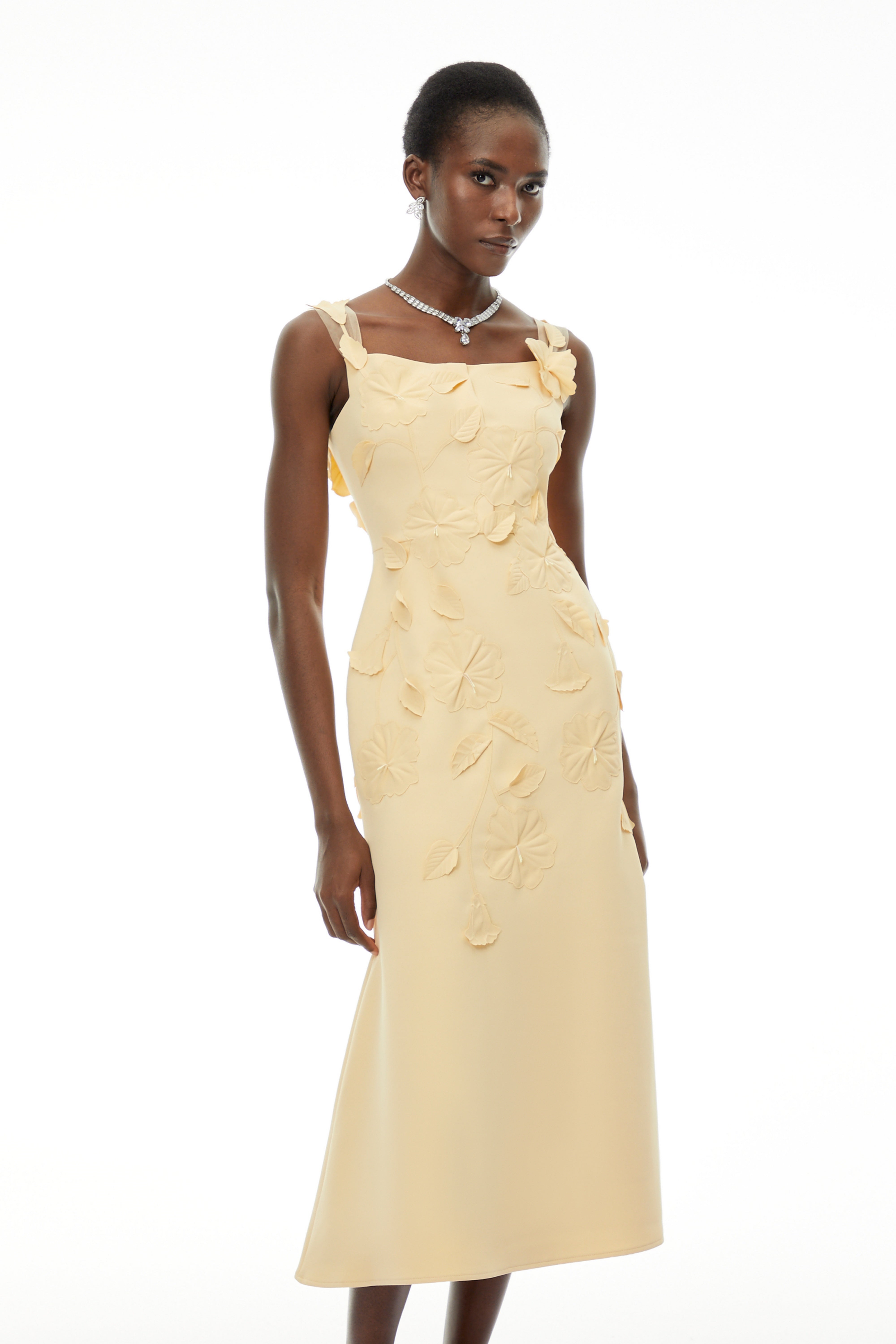Ximena Yellow Floral Applique Fishtail Midi Dress