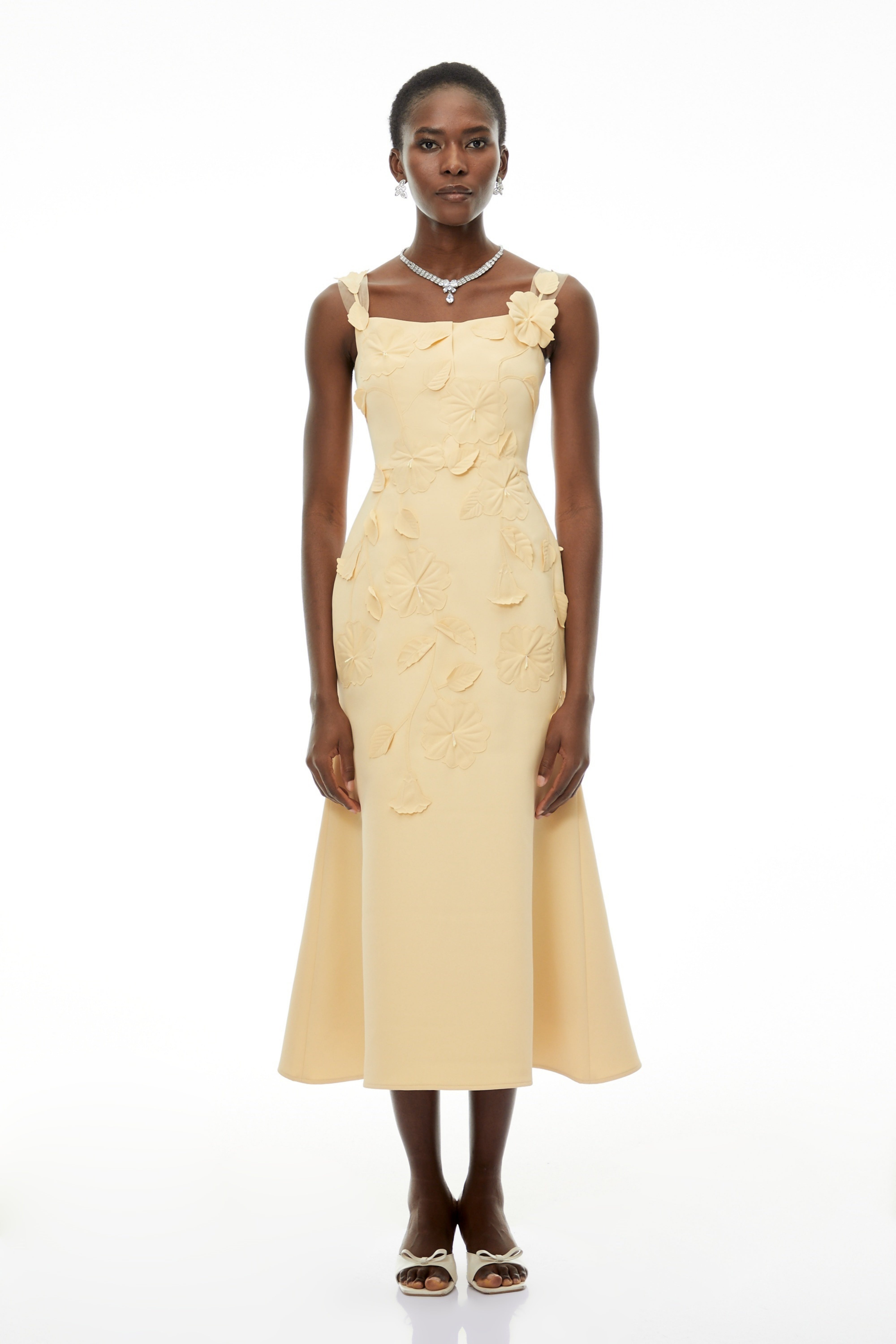 Ximena Yellow Floral Applique Fishtail Midi Dress