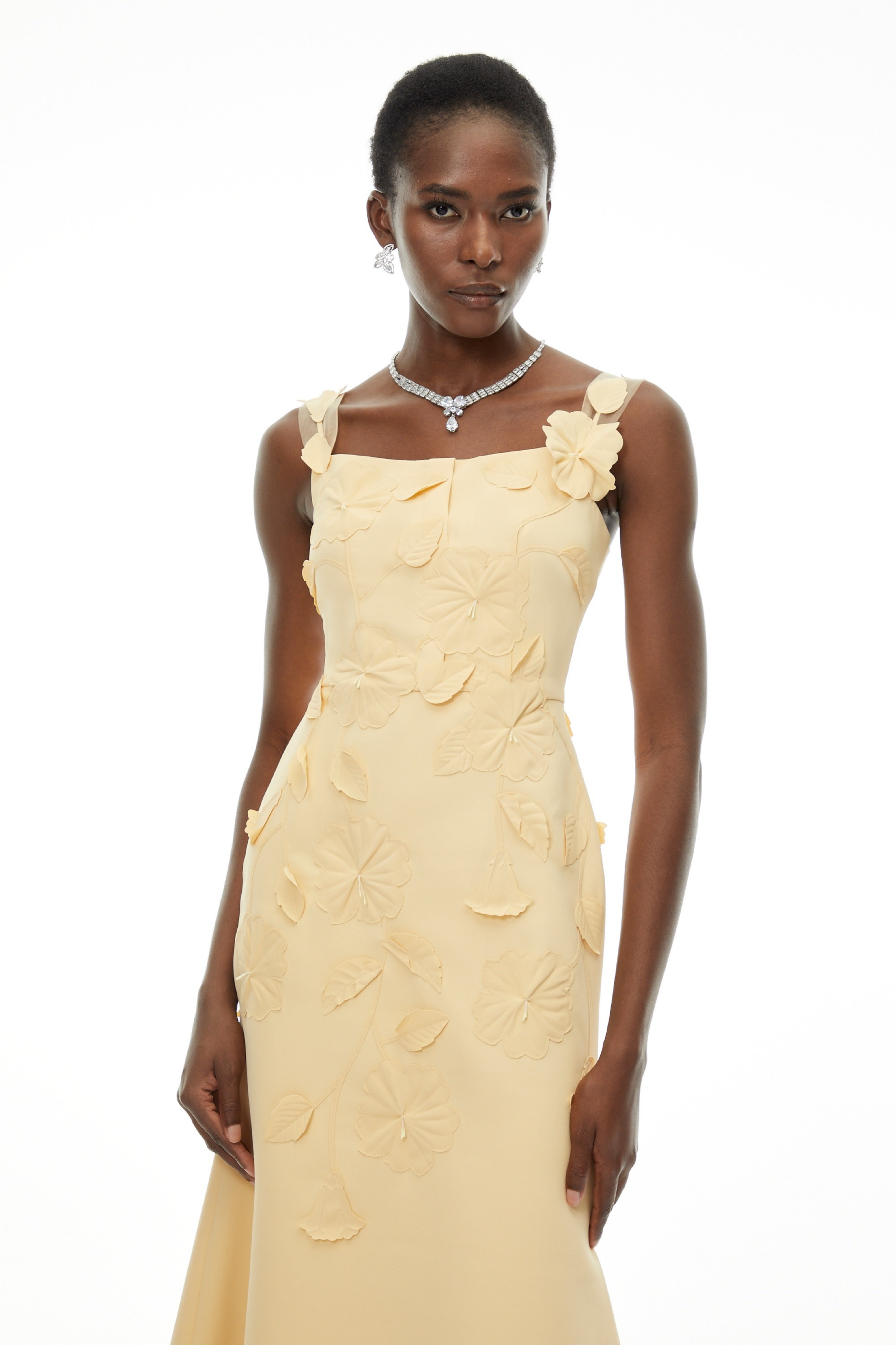 Ximena Yellow Floral Applique Fishtail Midi Dress