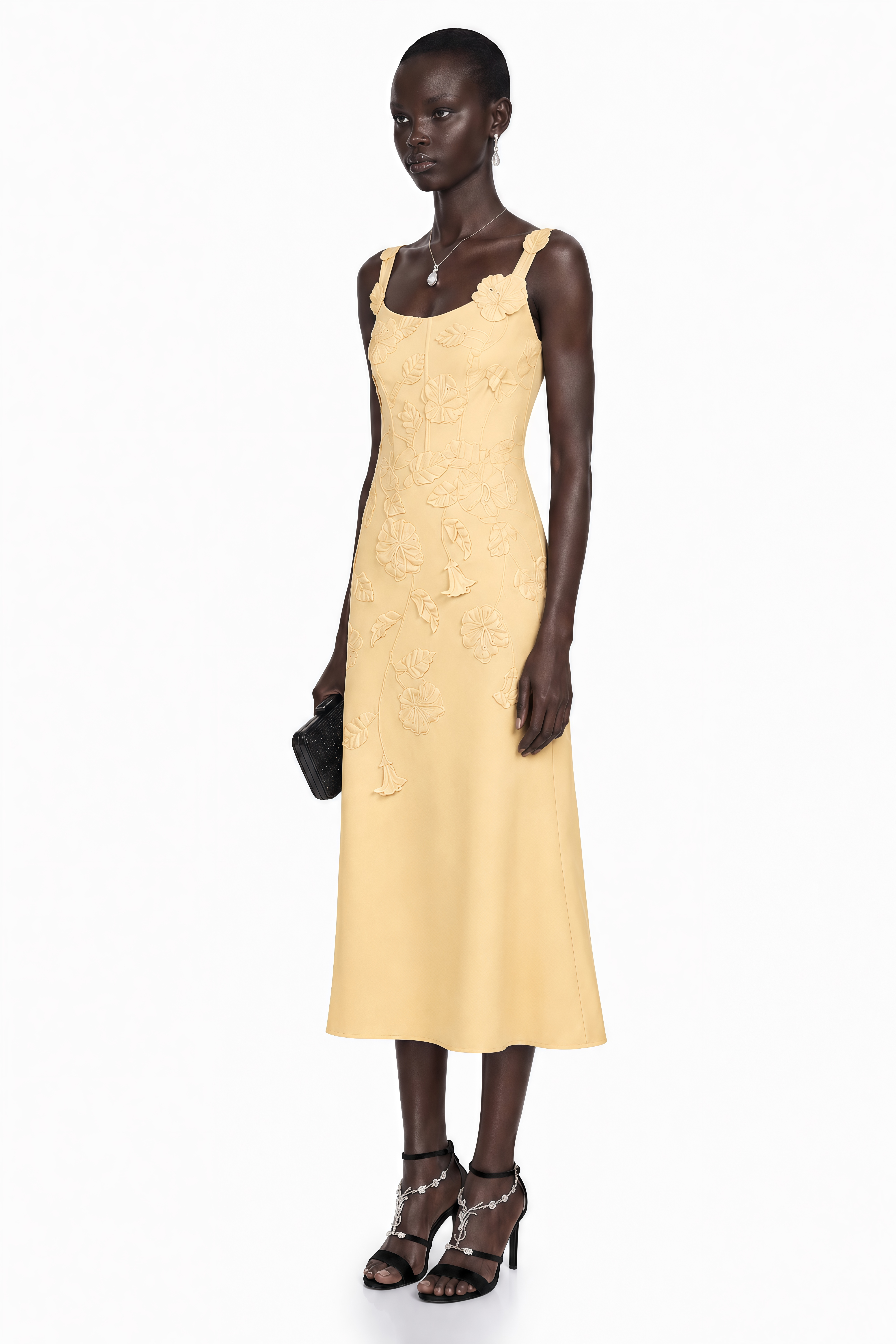 Ximena Yellow Floral Applique Fishtail Midi Dress