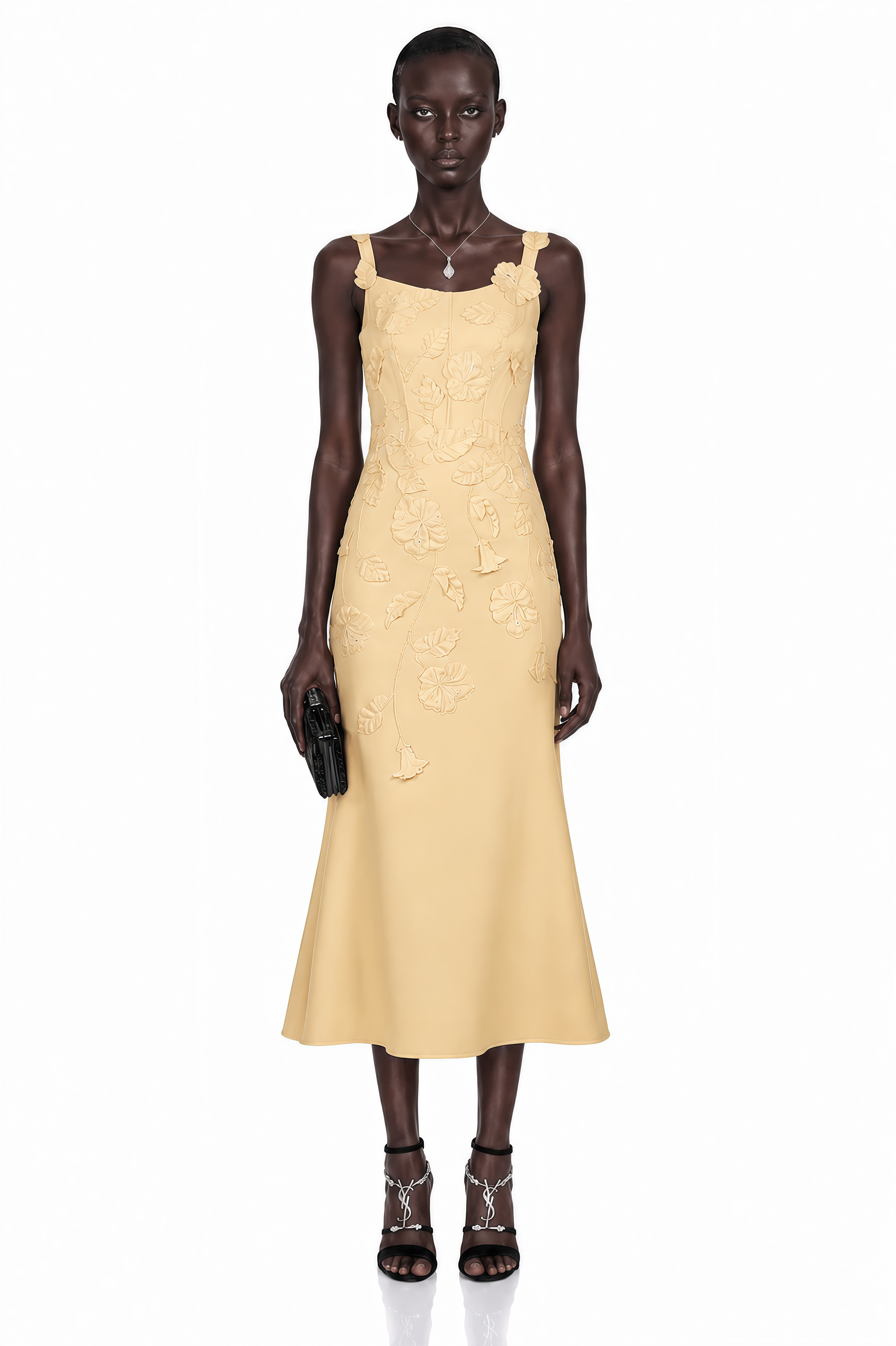 Ximena Yellow Floral Applique Fishtail Midi Dress