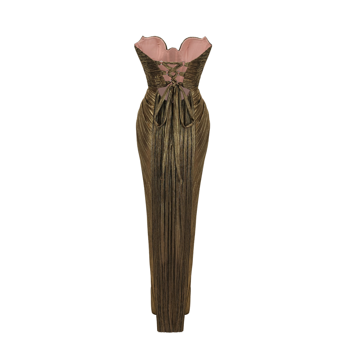 xrystyna gold metallic ruched maxi dress