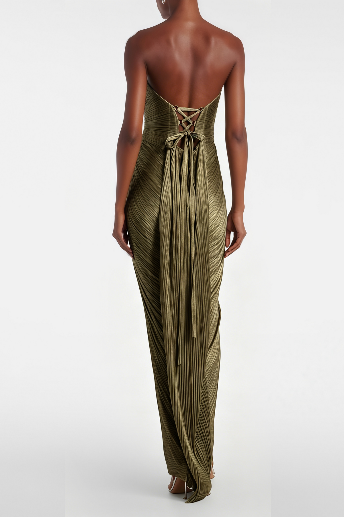 xrystyna gold metallic ruched maxi dress