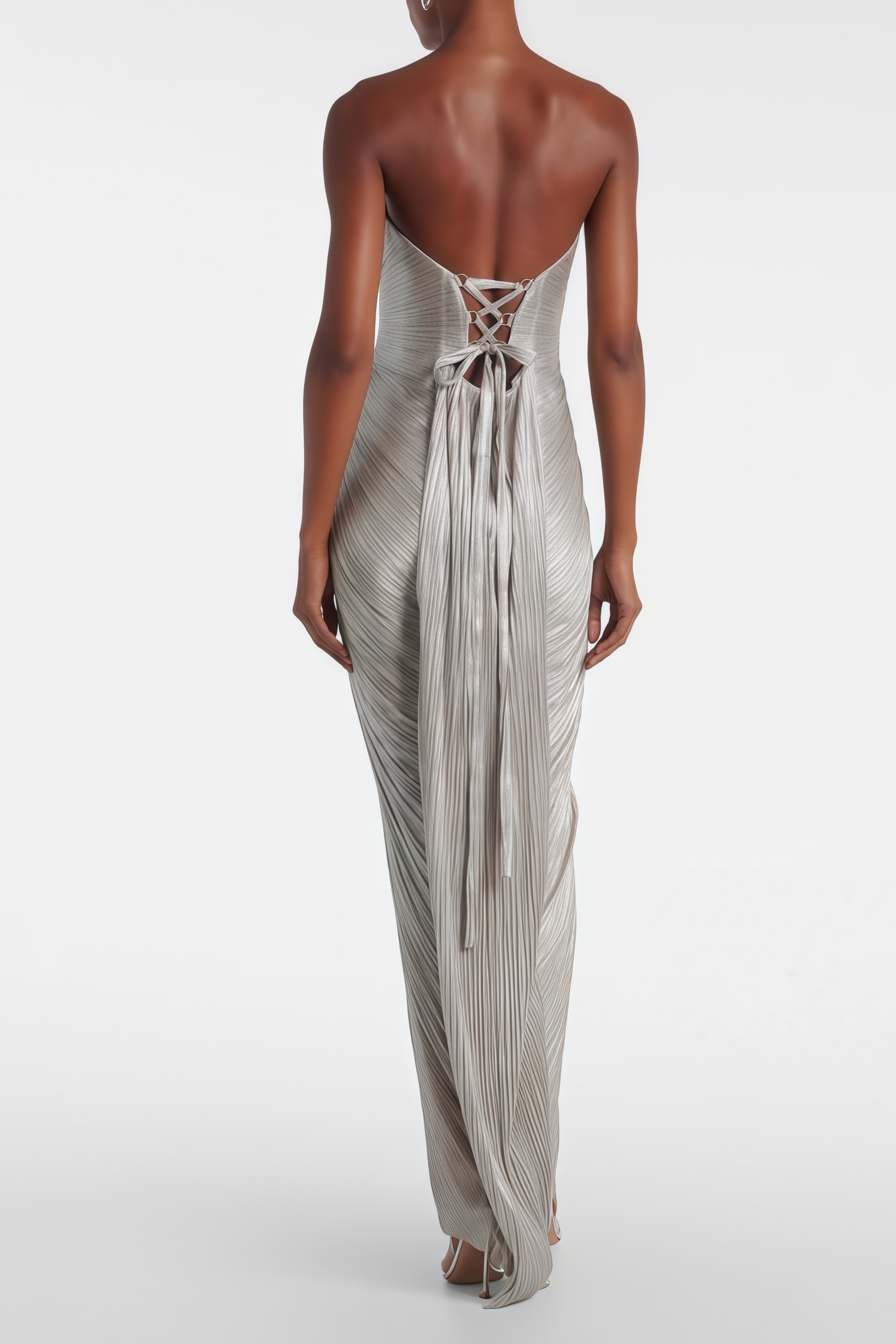 Xrystyna Silver Metallic Ruched Maxi Dress