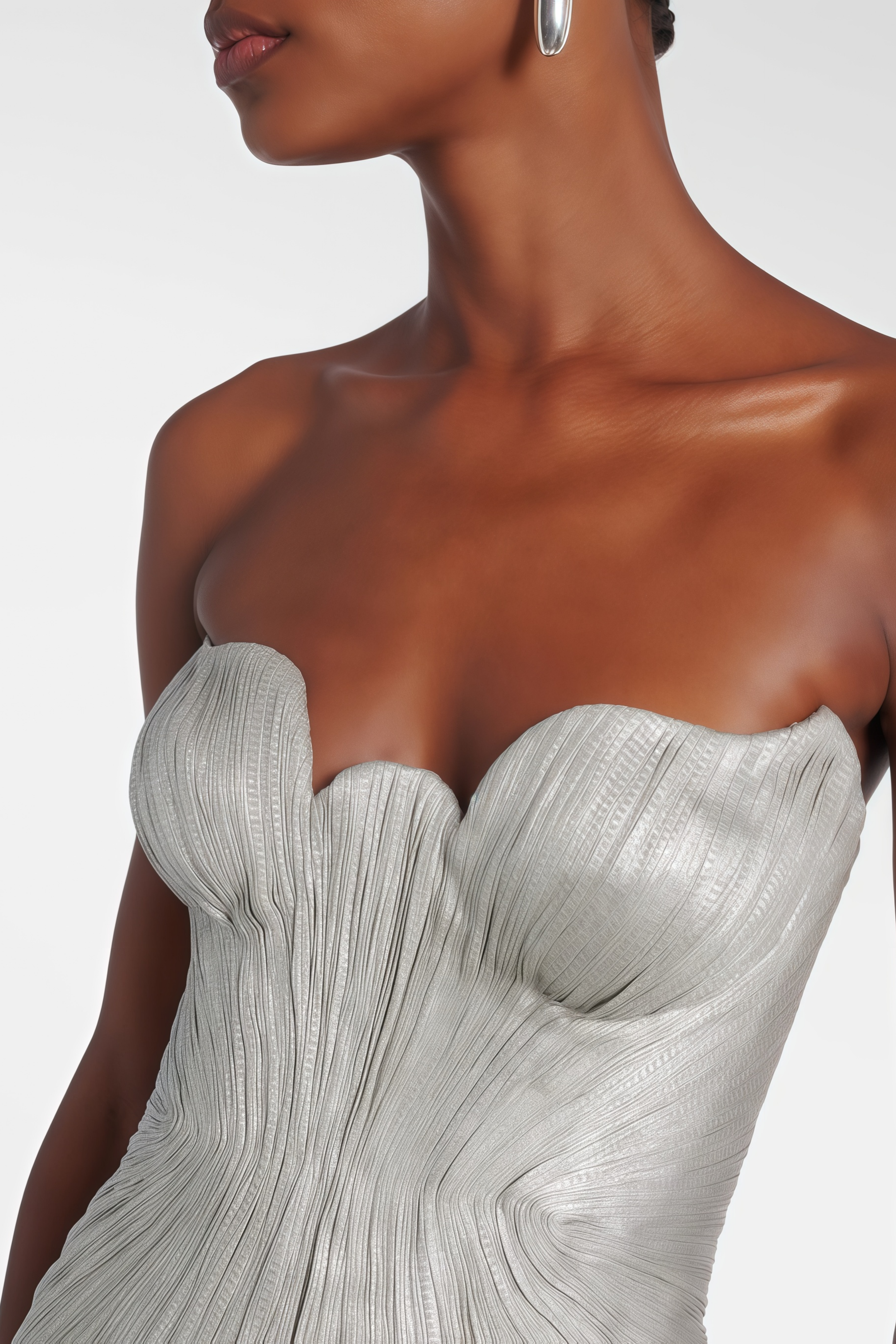 Xrystyna Silver Metallic Ruched Maxi Dress