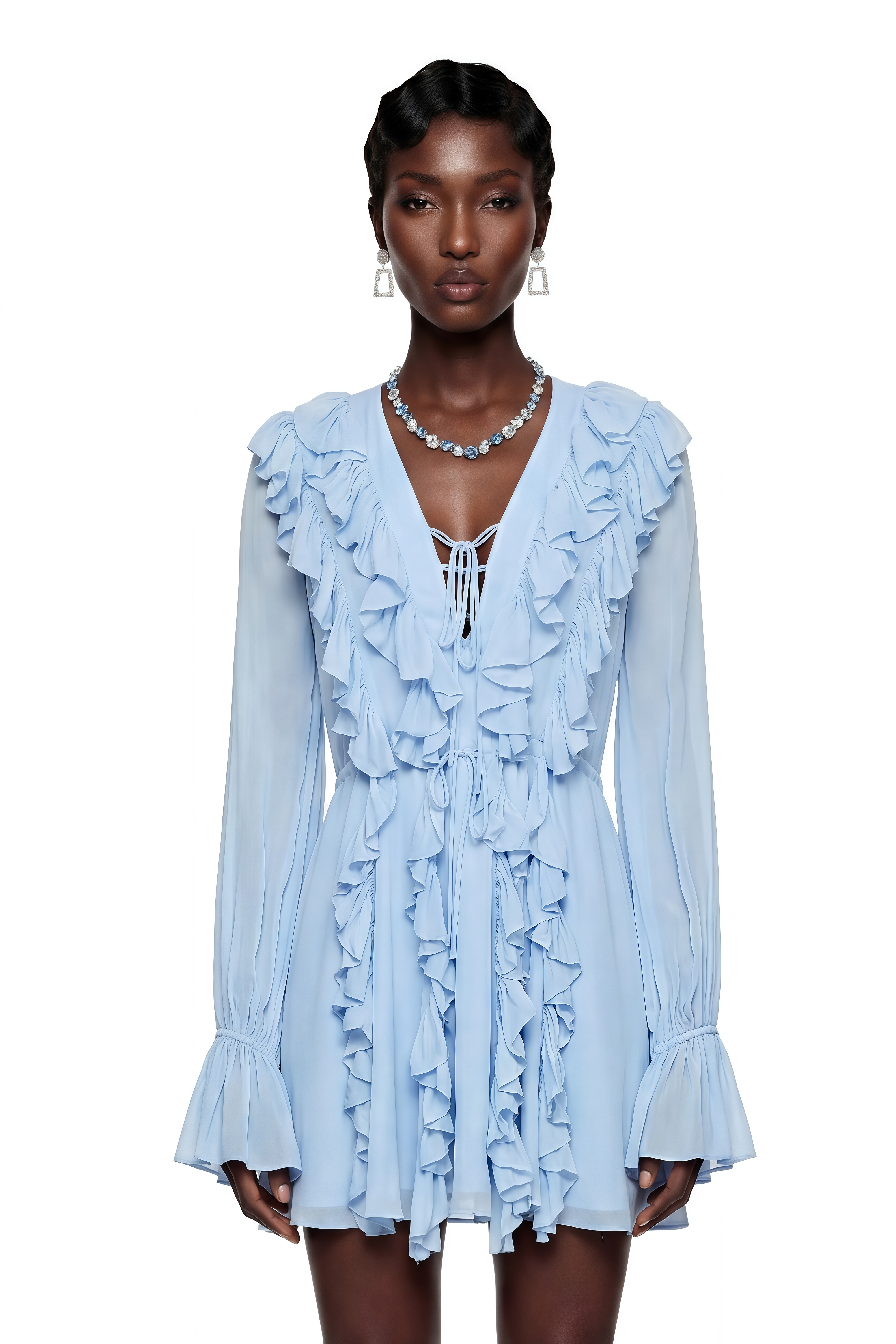 Yda Baby Blue Chiffon Ruffled Mini Dress
