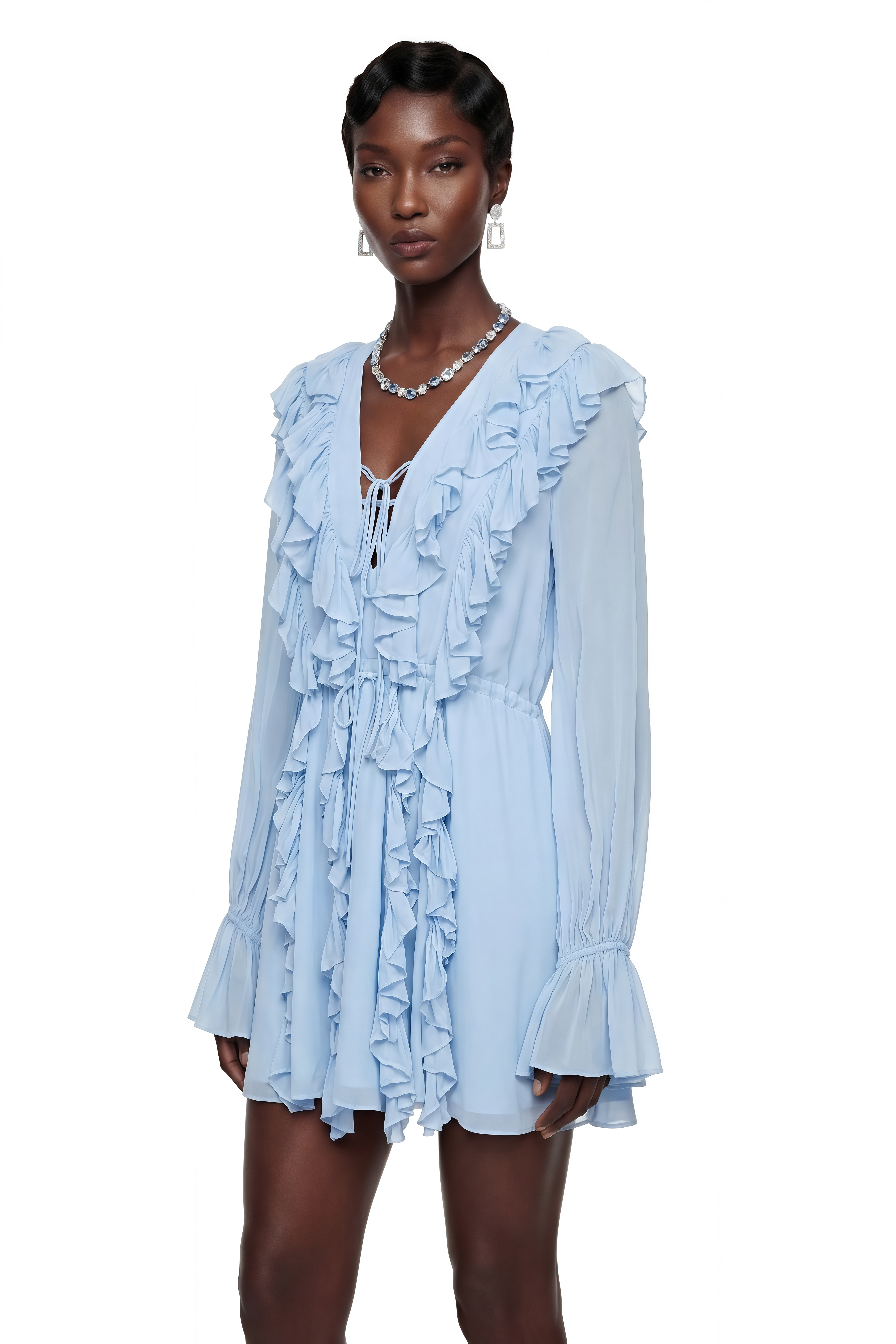 Yda Baby Blue Chiffon Ruffled Mini Dress