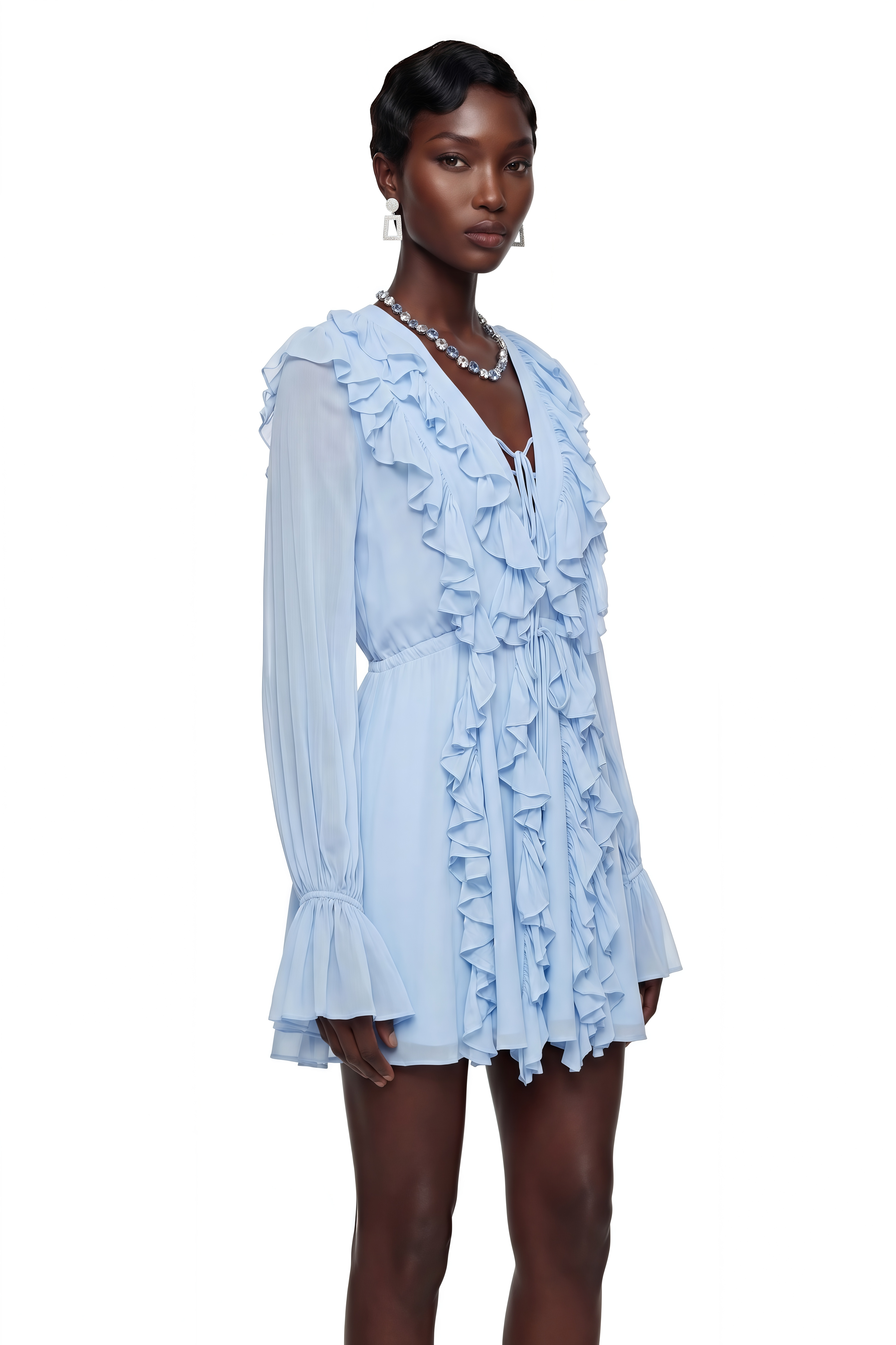Yda Baby Blue Chiffon Ruffled Mini Dress