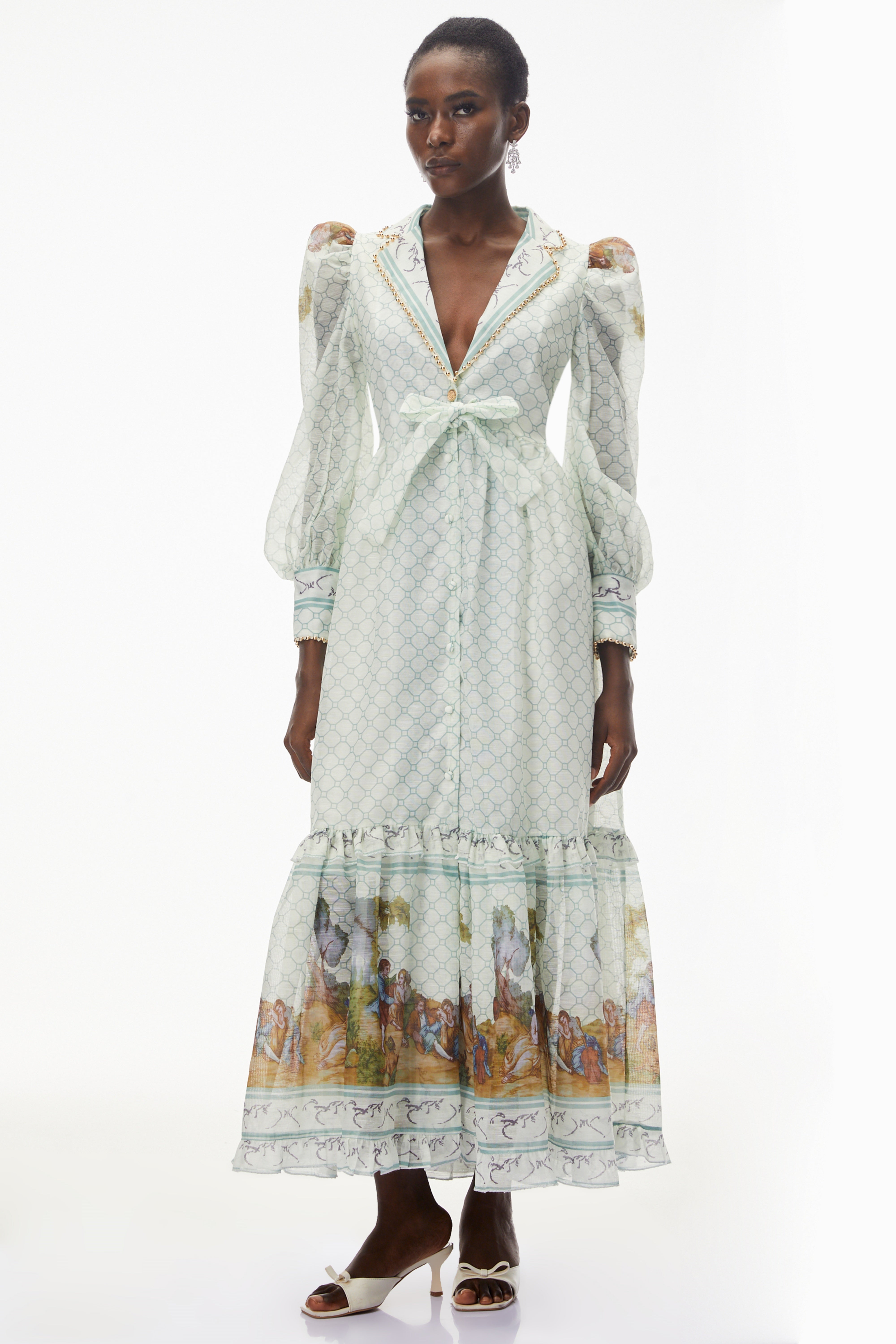 Yemaya Sage Green Plunge Neck Floral Maxi Dress
