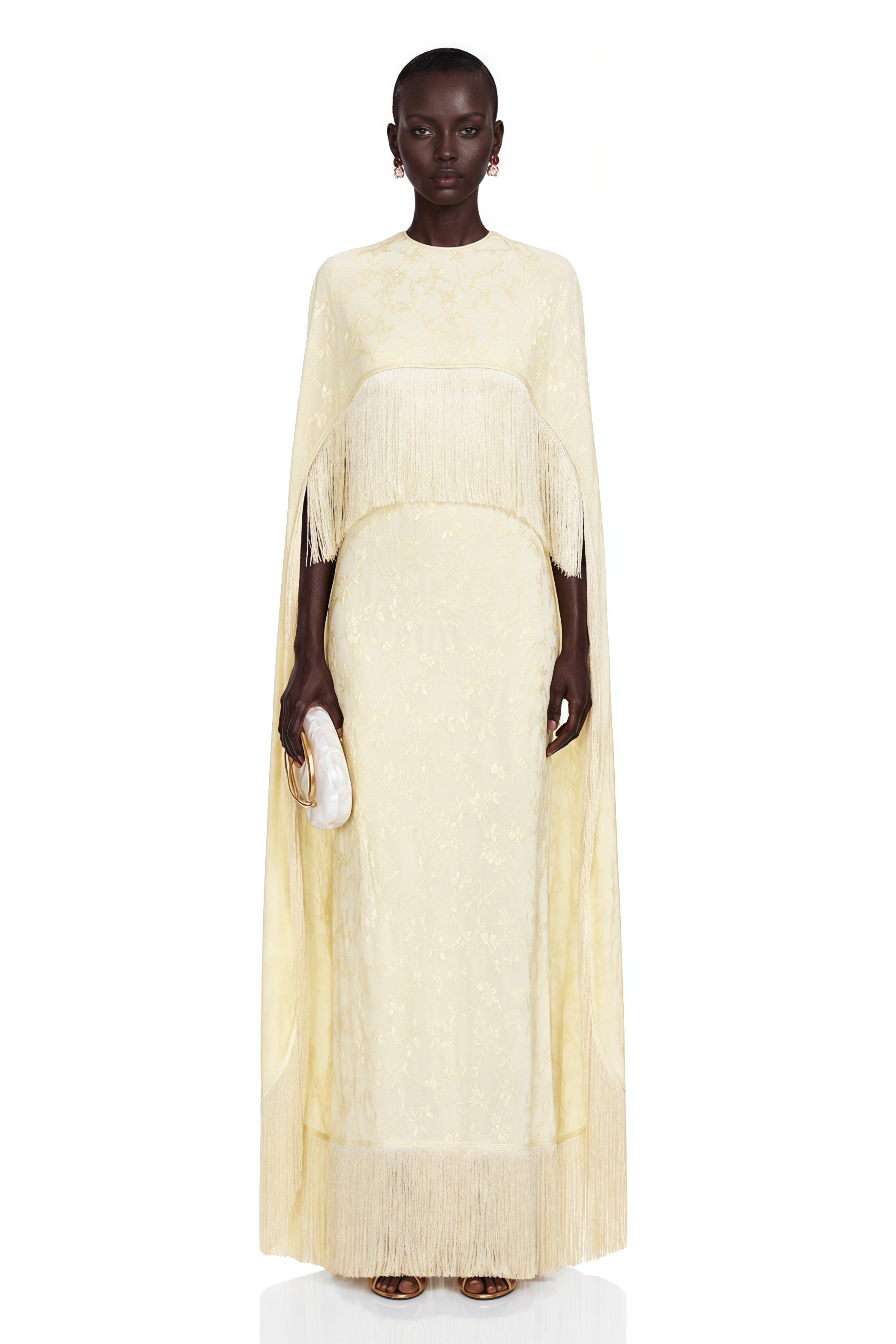 Yolanda Pale Yellow Maxi Dress with Cape Overlay and Fringe