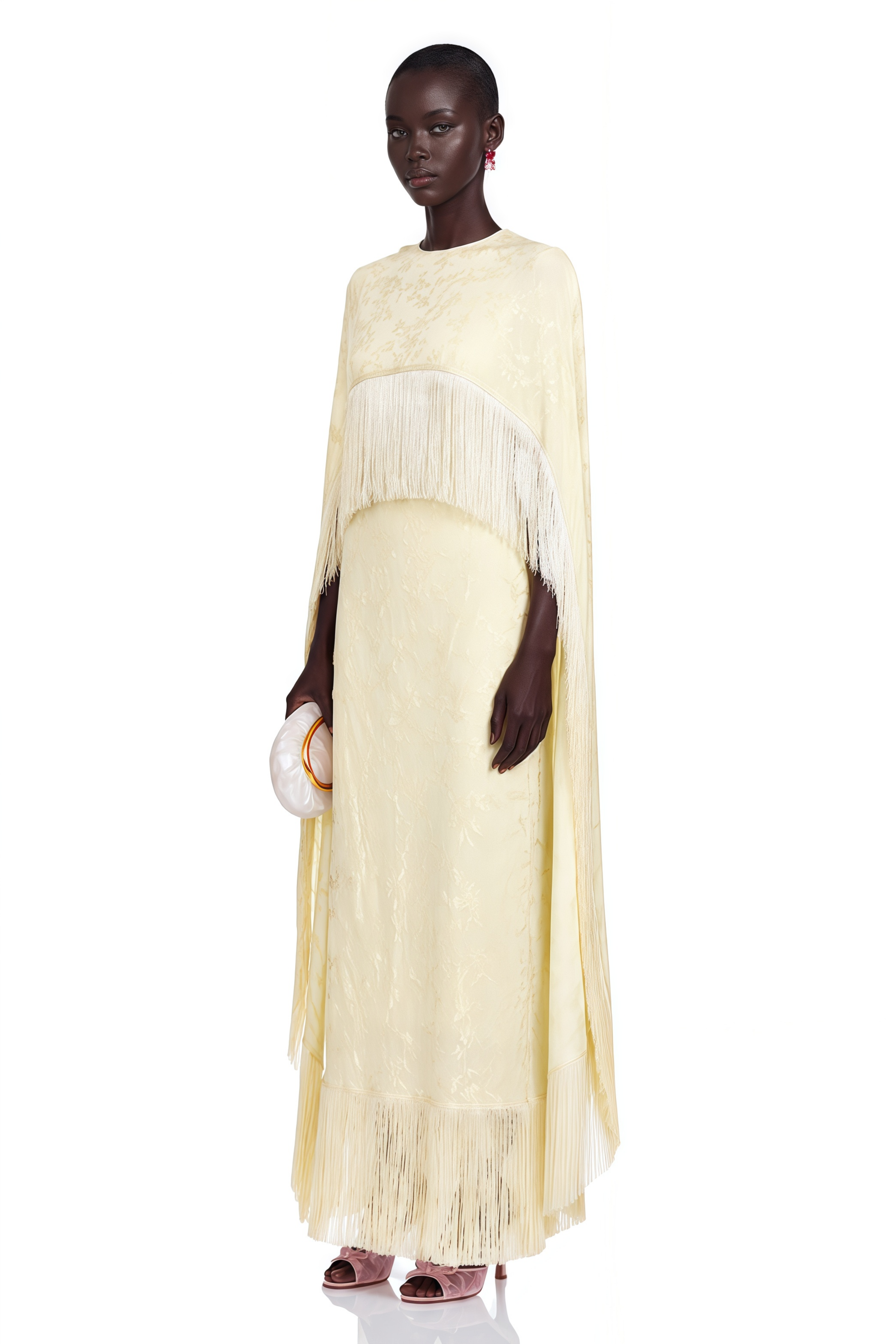 Yolanda Pale Yellow Maxi Dress with Cape Overlay and Fringe