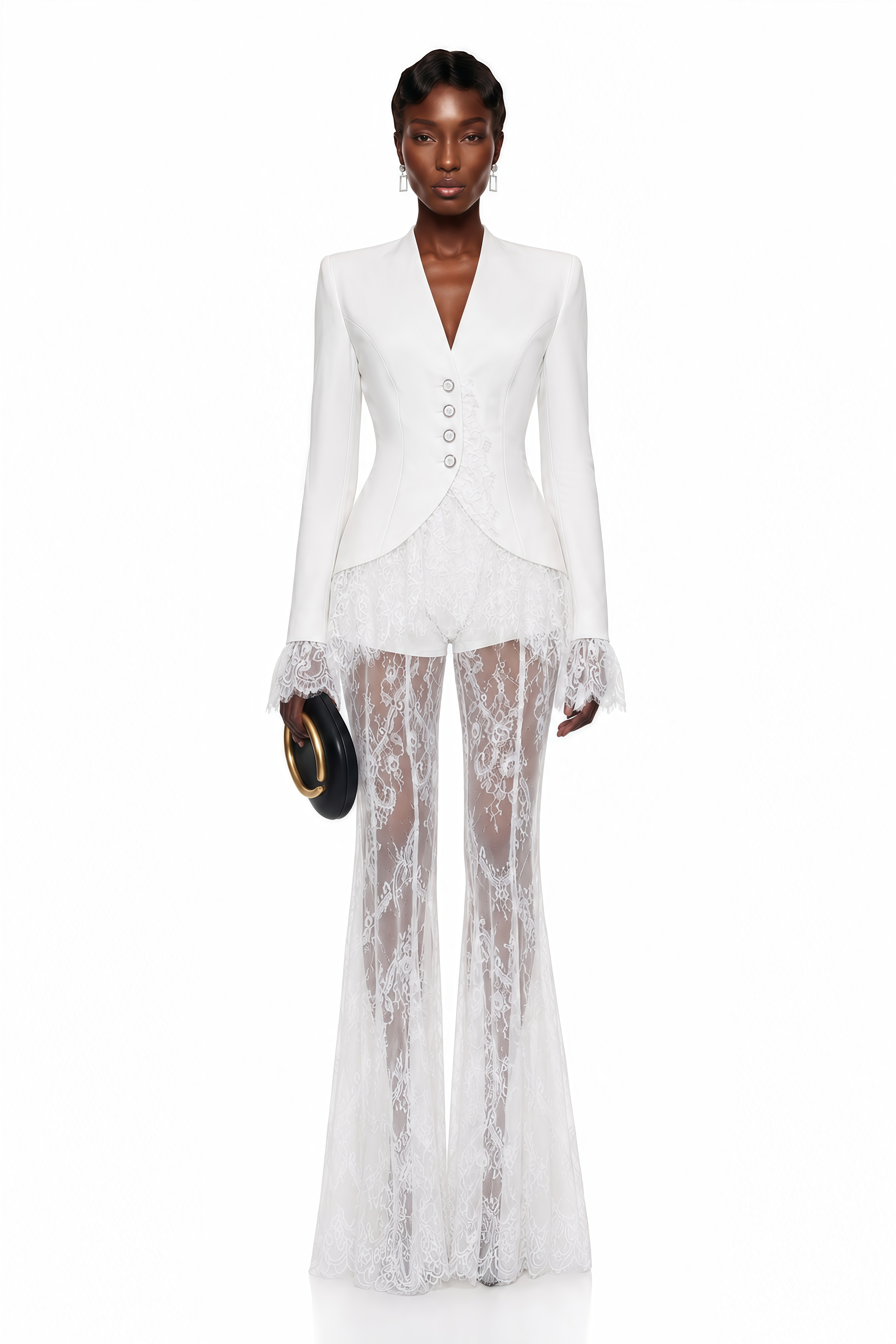 Yolanda White Lace Trim Blazer & Sheer Lace Trouser Set