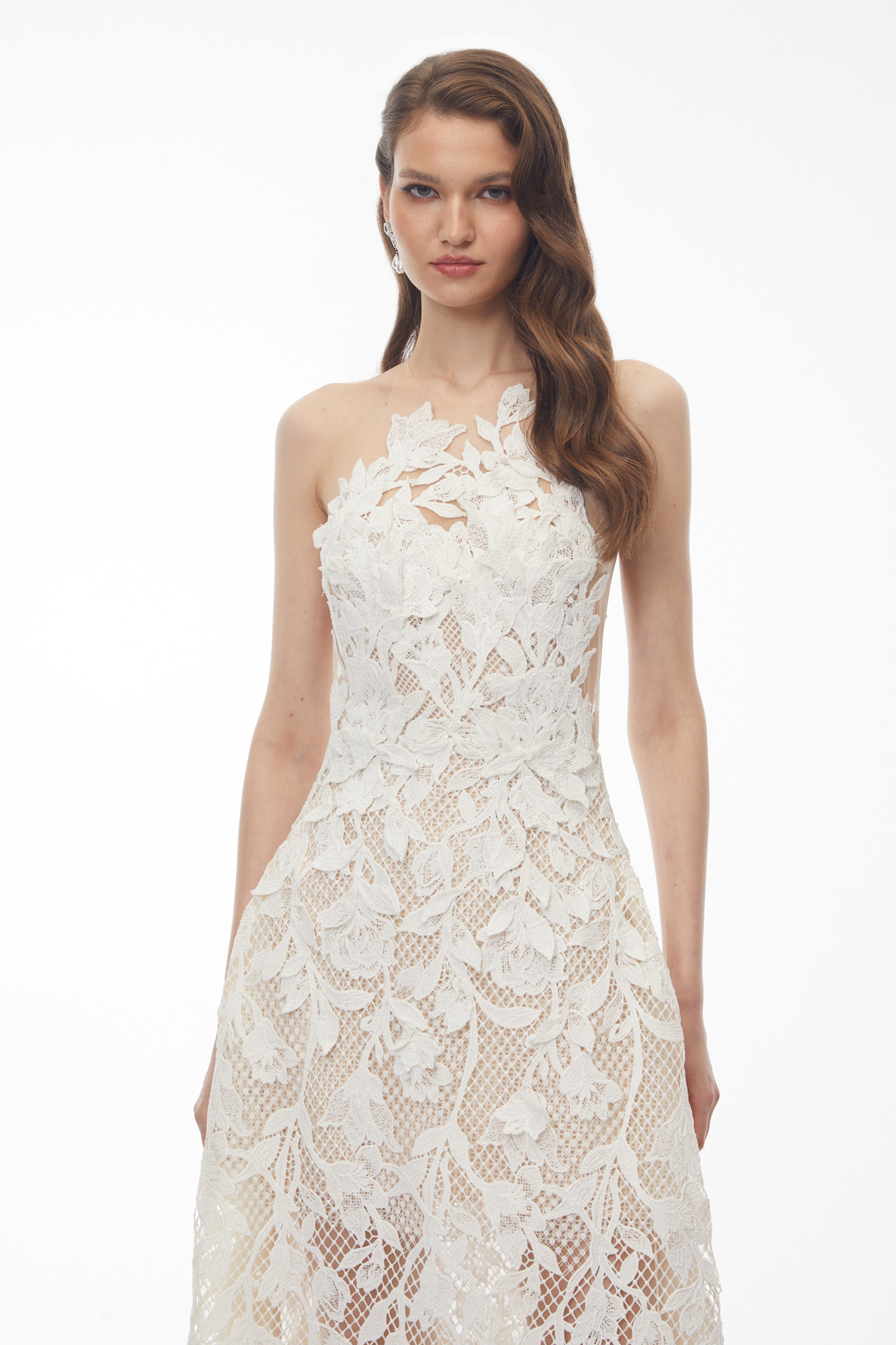 Yolanda White Midi Dress with Floral Applique