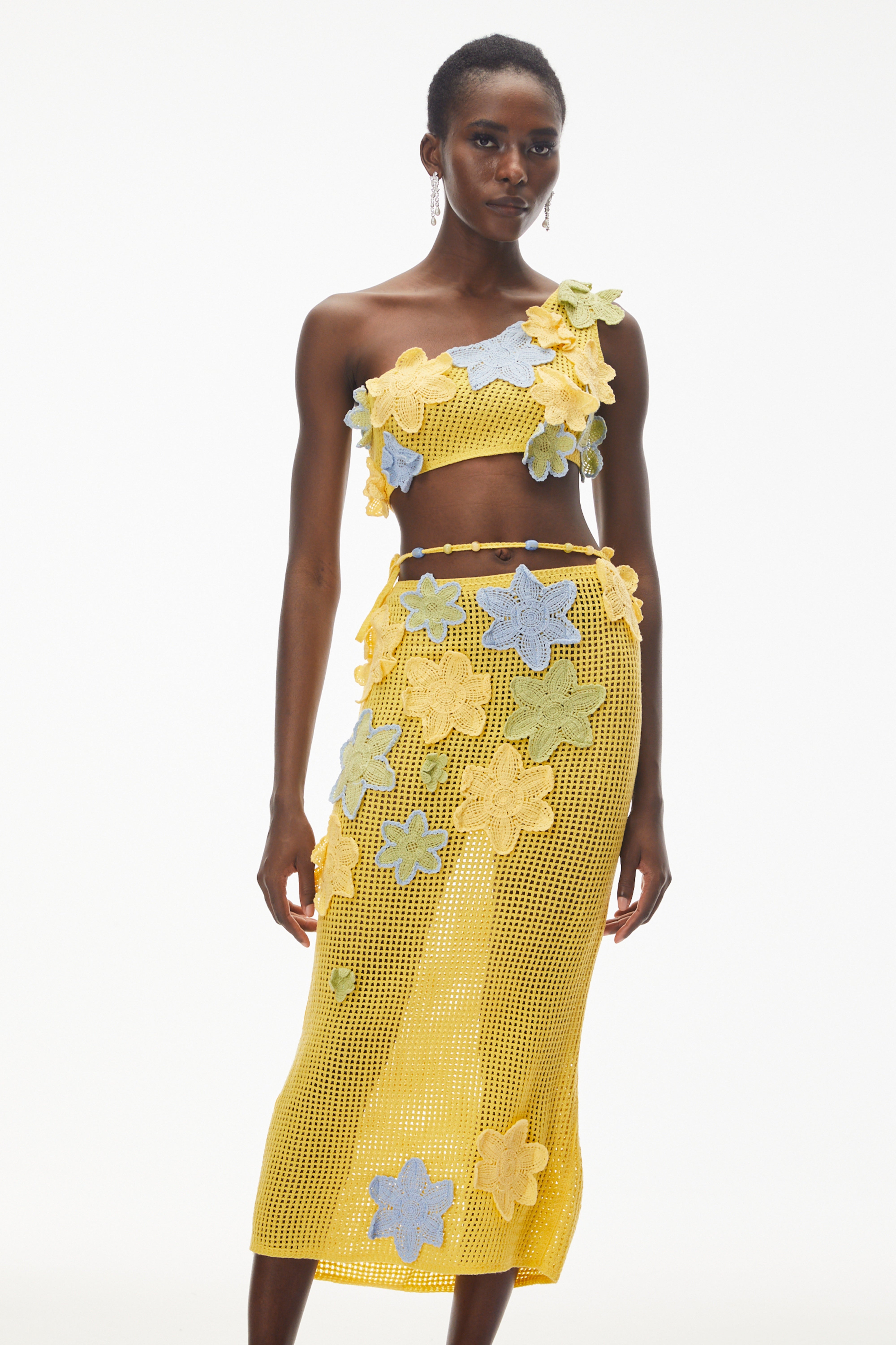 Ysabeau Yellow Asymmetrical Top & Skirt Set with 3D Florals