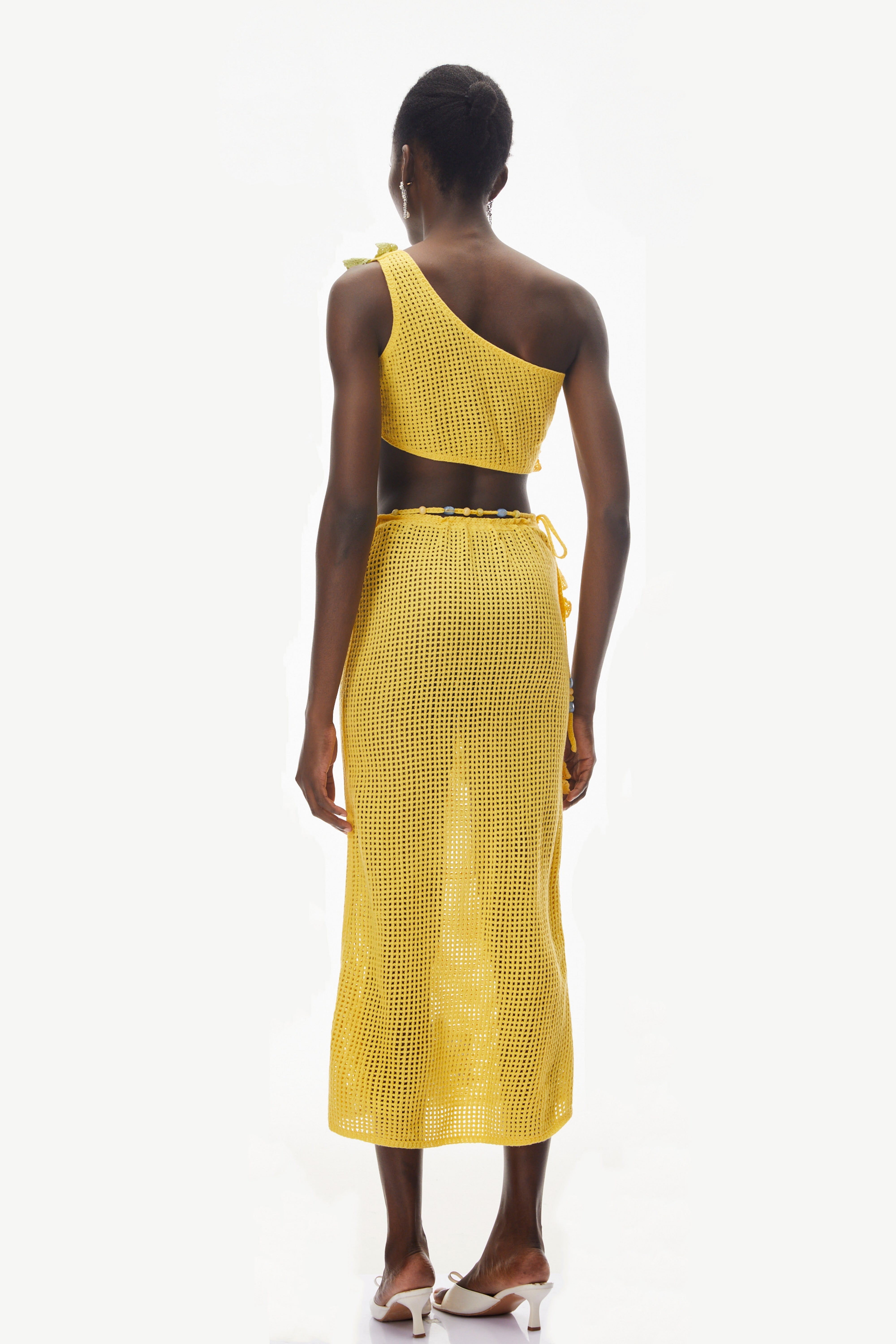 Ysabeau Yellow Asymmetrical Top & Skirt Set with 3D Florals