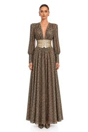 Ysella Brown Embellished Plunge Belted Maxi Dress