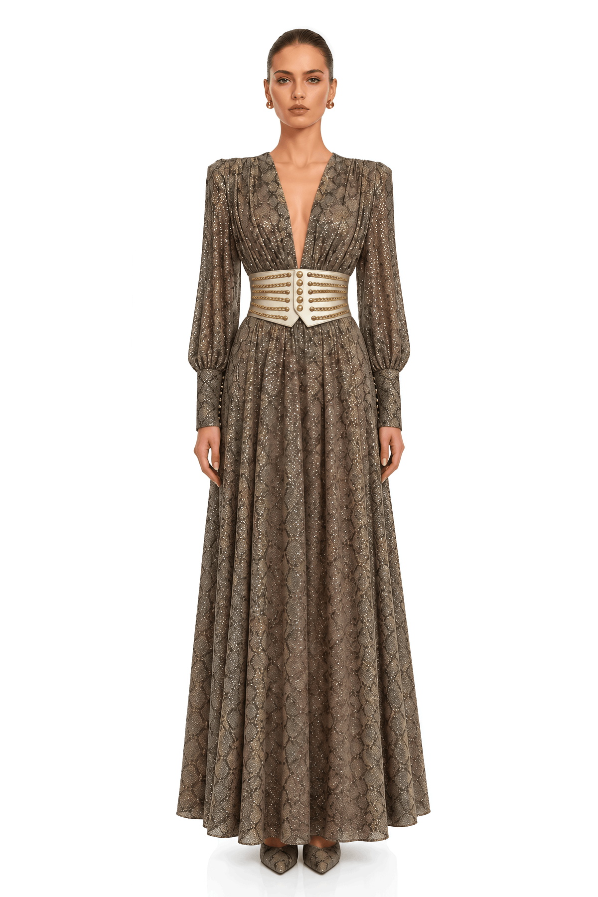 ysella brown embellished plunge belted maxi dress