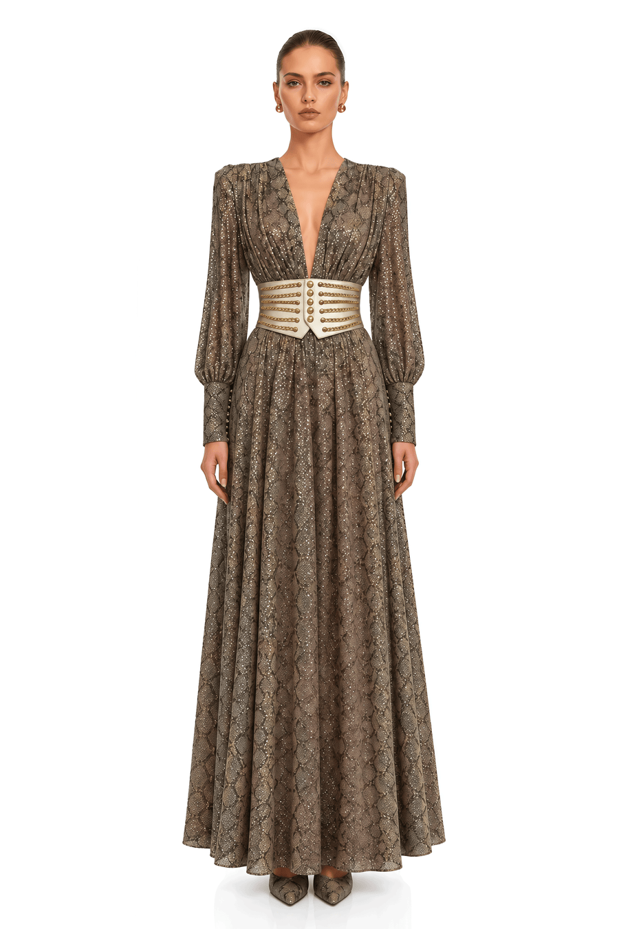 ysella brown embellished plunge belted maxi dress