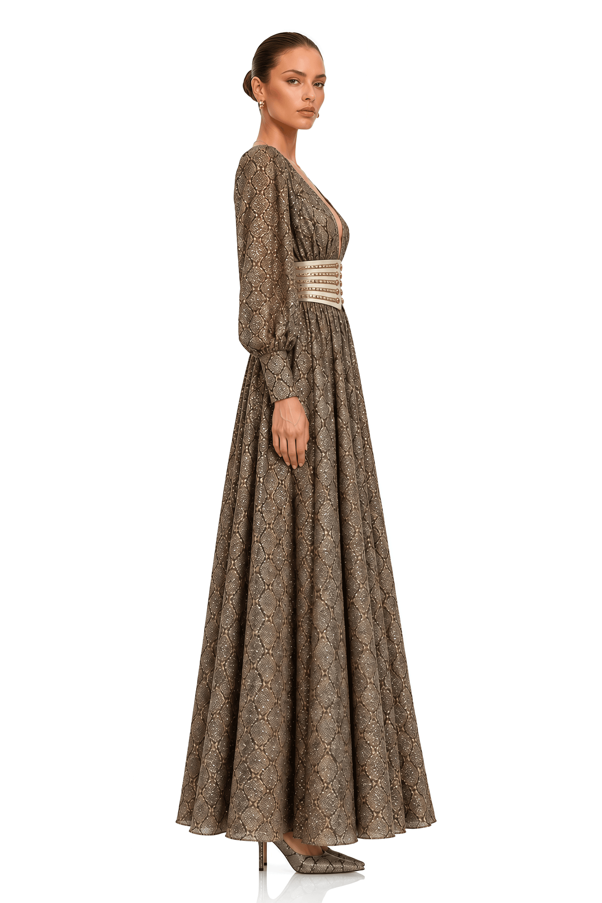 ysella brown embellished plunge belted maxi dress