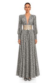 Ysella Grey Embellished Plunge Belted Maxi Dress