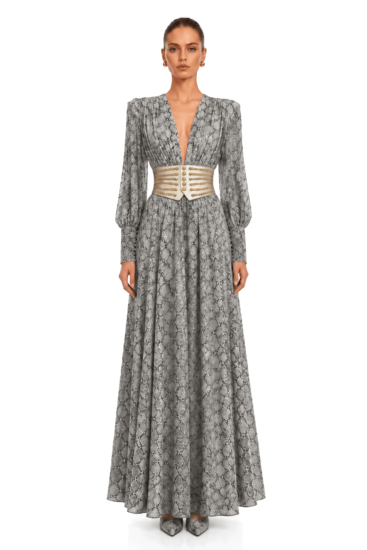 ysella grey embellished plunge belted maxi dress